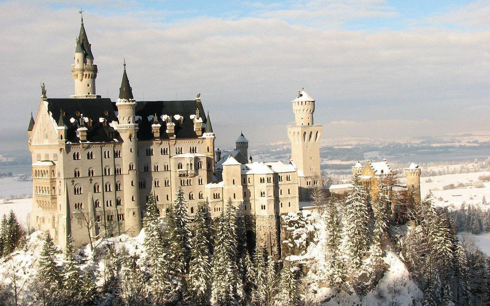 Neuschwanstein Castle, snow-covered, hill, Full HD Desktop Wallpaper