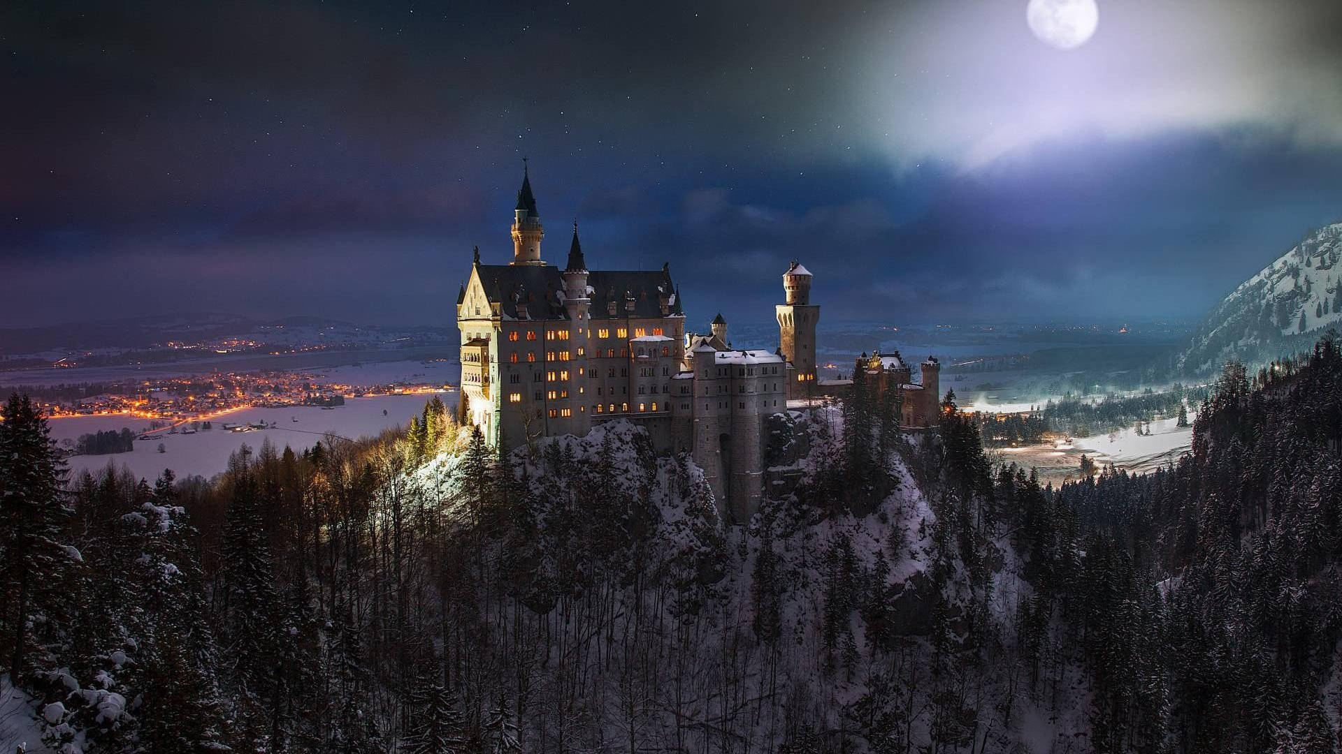 Neuschwanstein Castle, moonlit night, snow-covered, Full HD Desktop Wallpaper
