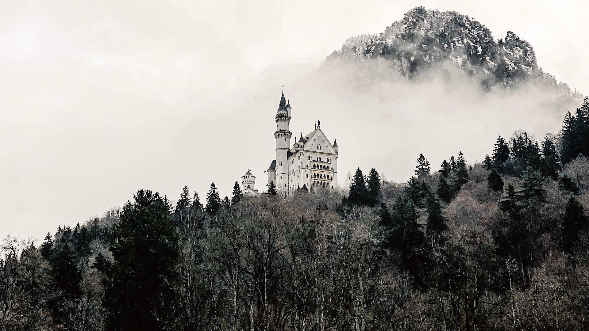 Neuschwanstein Castle, mountain, thick fog, Full HD Desktop Wallpaper