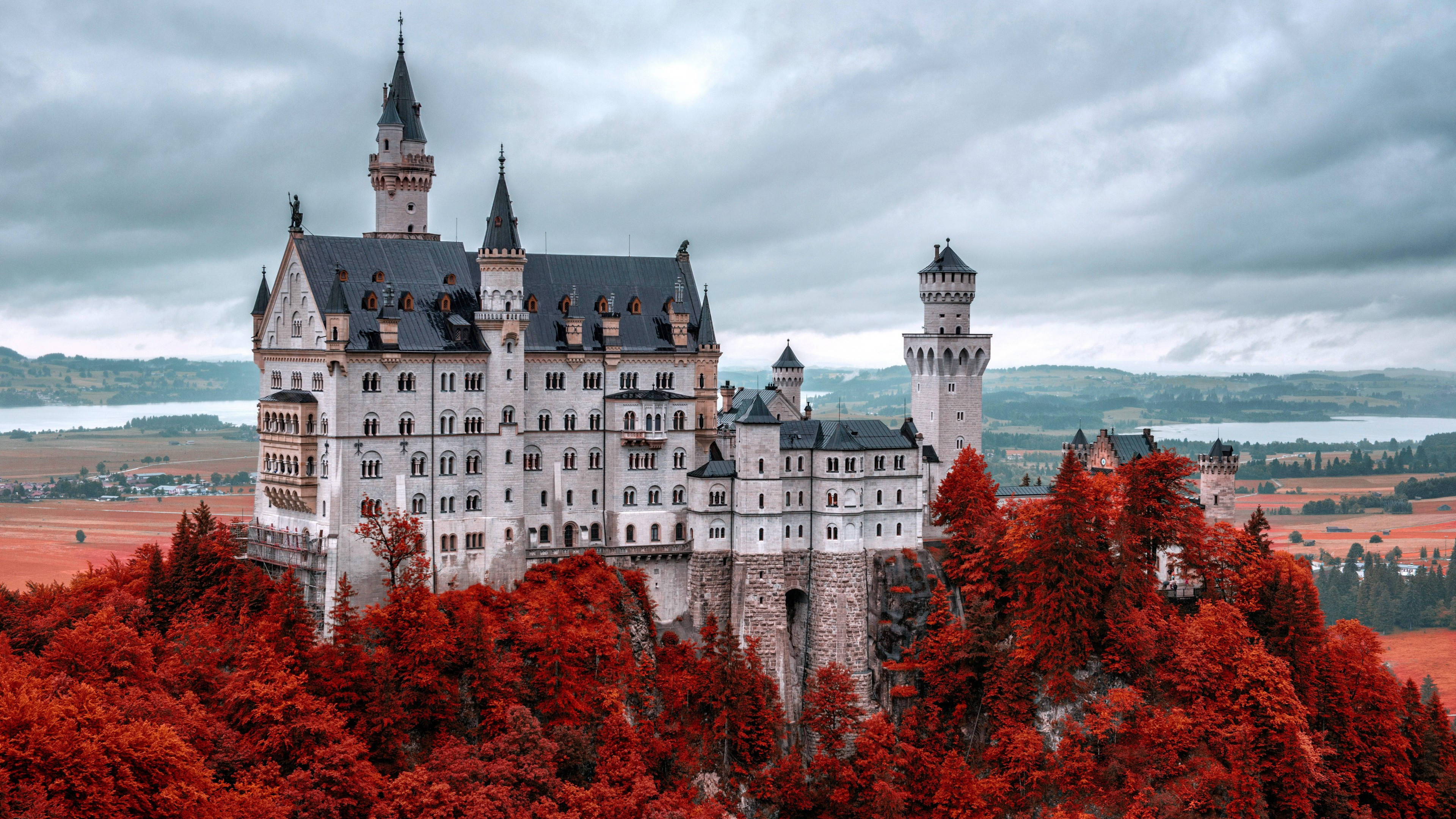 Neuschwanstein Castle, red trees, autumn trees, 4K Desktop Wallpaper