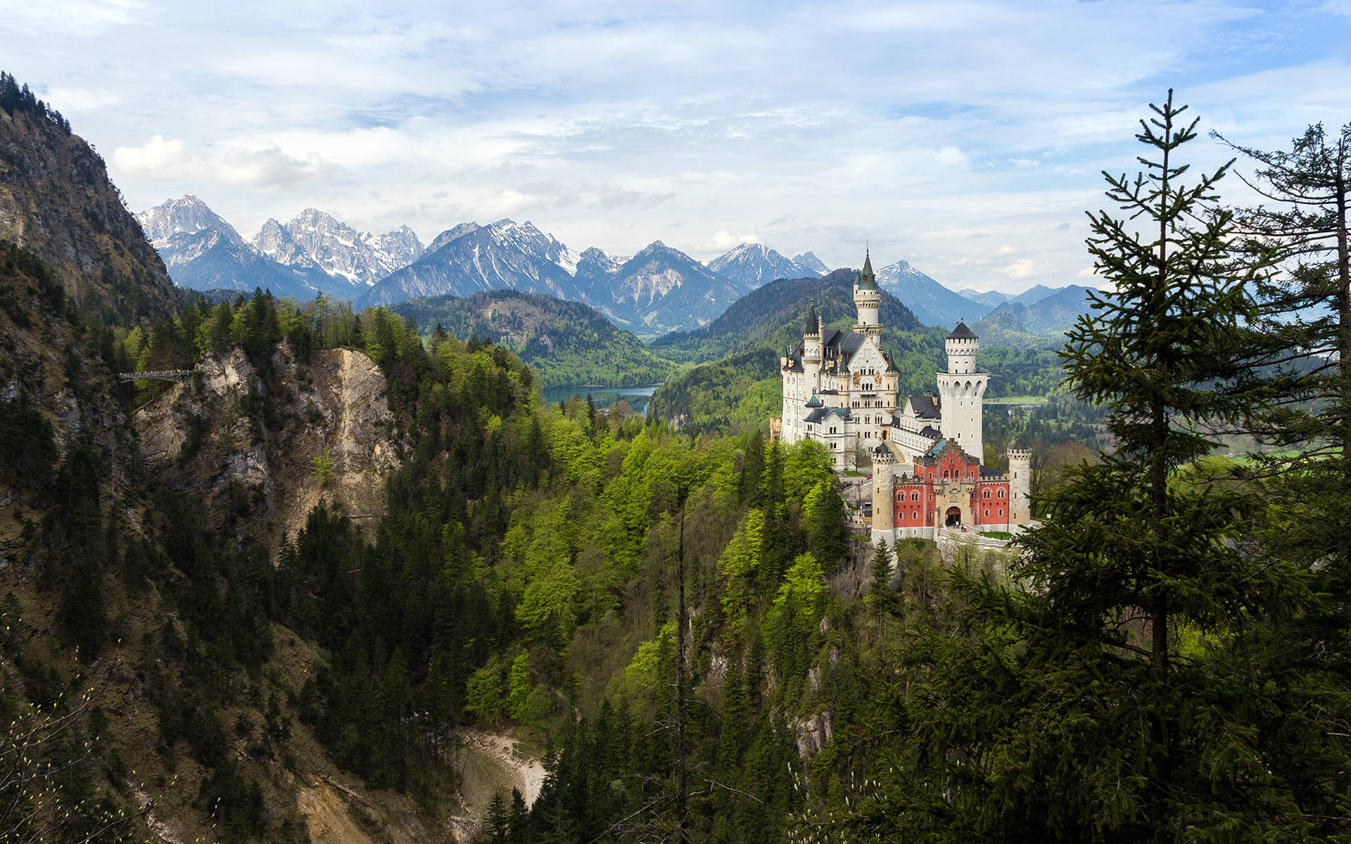Neuschwanstein Castle, forested cliff, valley, Full HD Desktop Wallpaper
