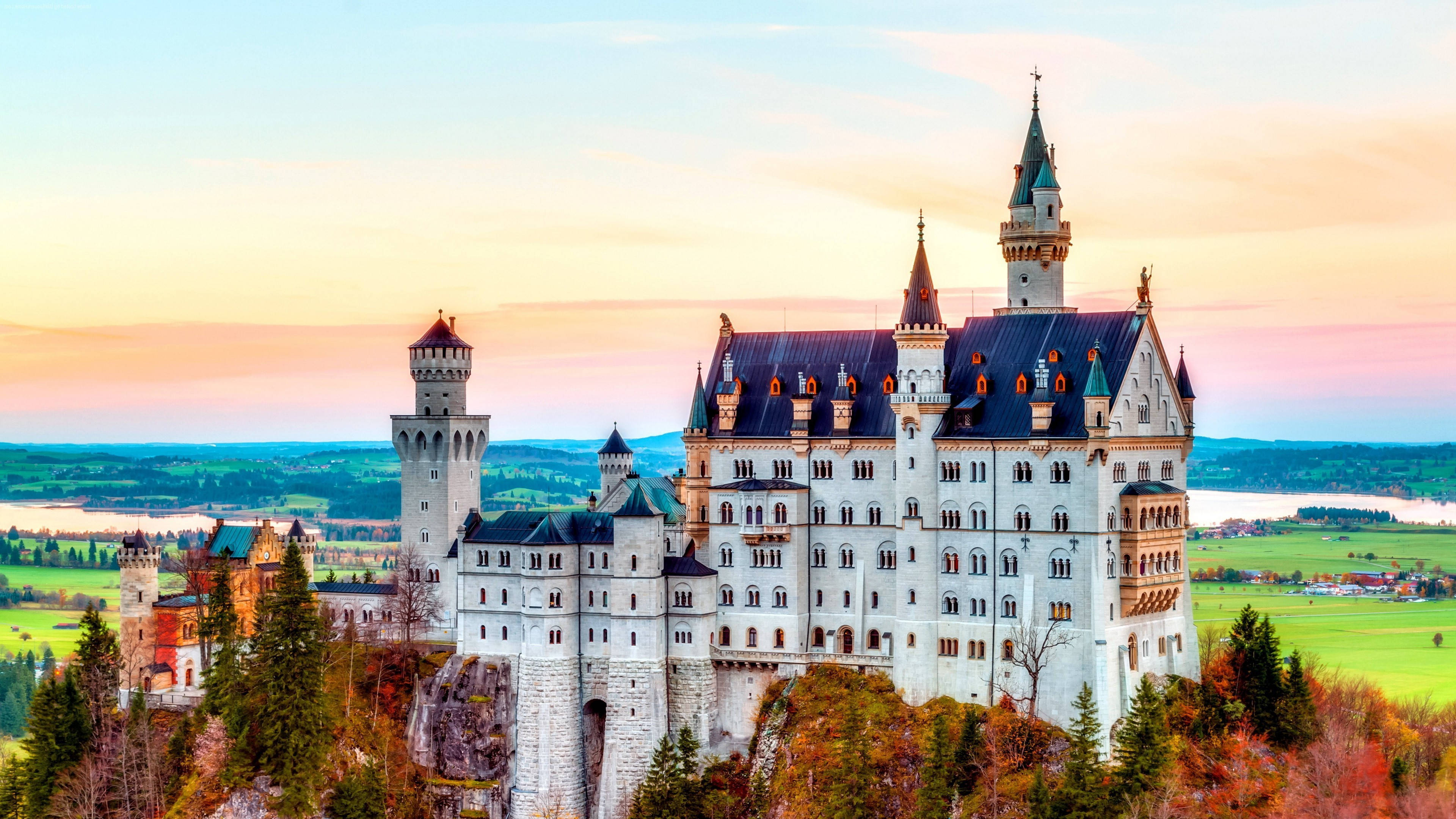 Neuschwanstein Castle, colorful sunset, white castle, 4K Desktop Wallpaper