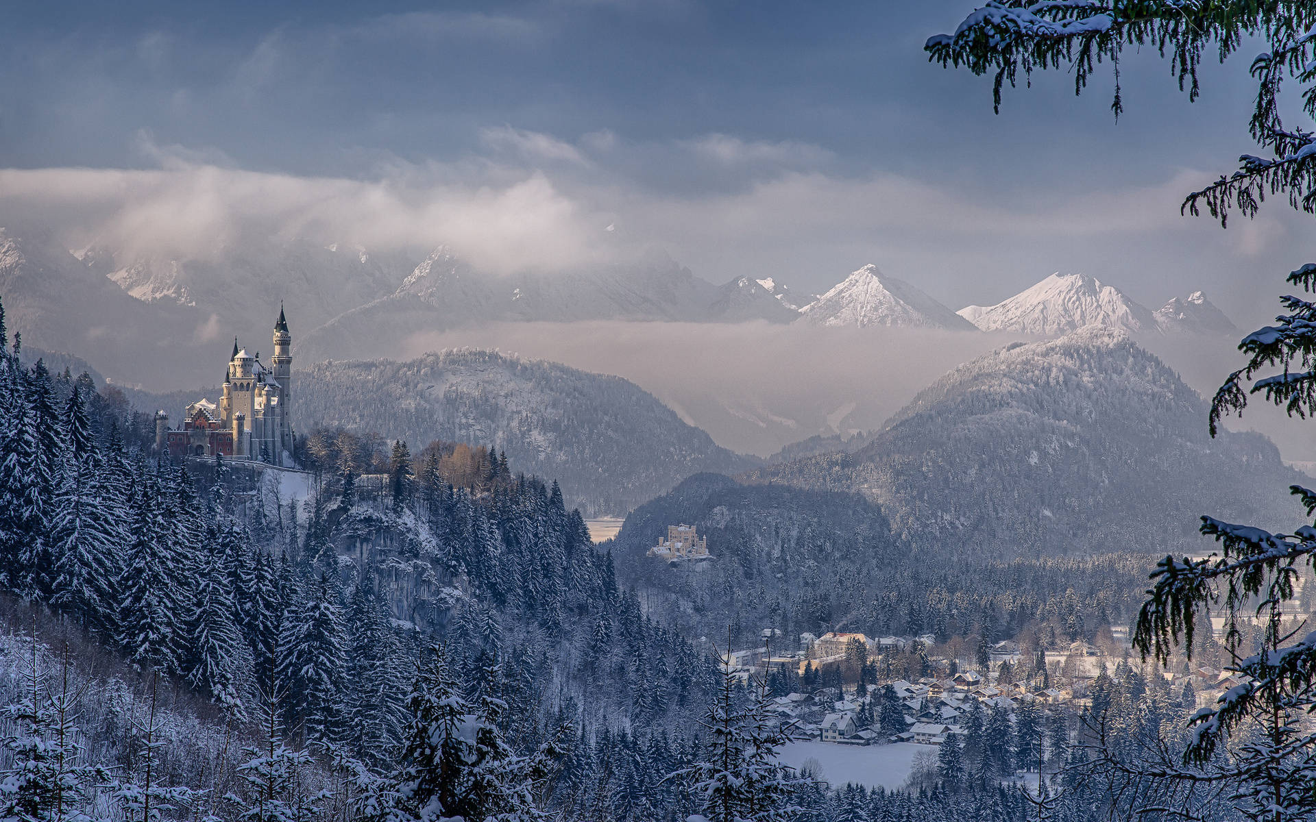 Neuschwanstein Castle, winter, snow-covered, Full HD Desktop Wallpaper