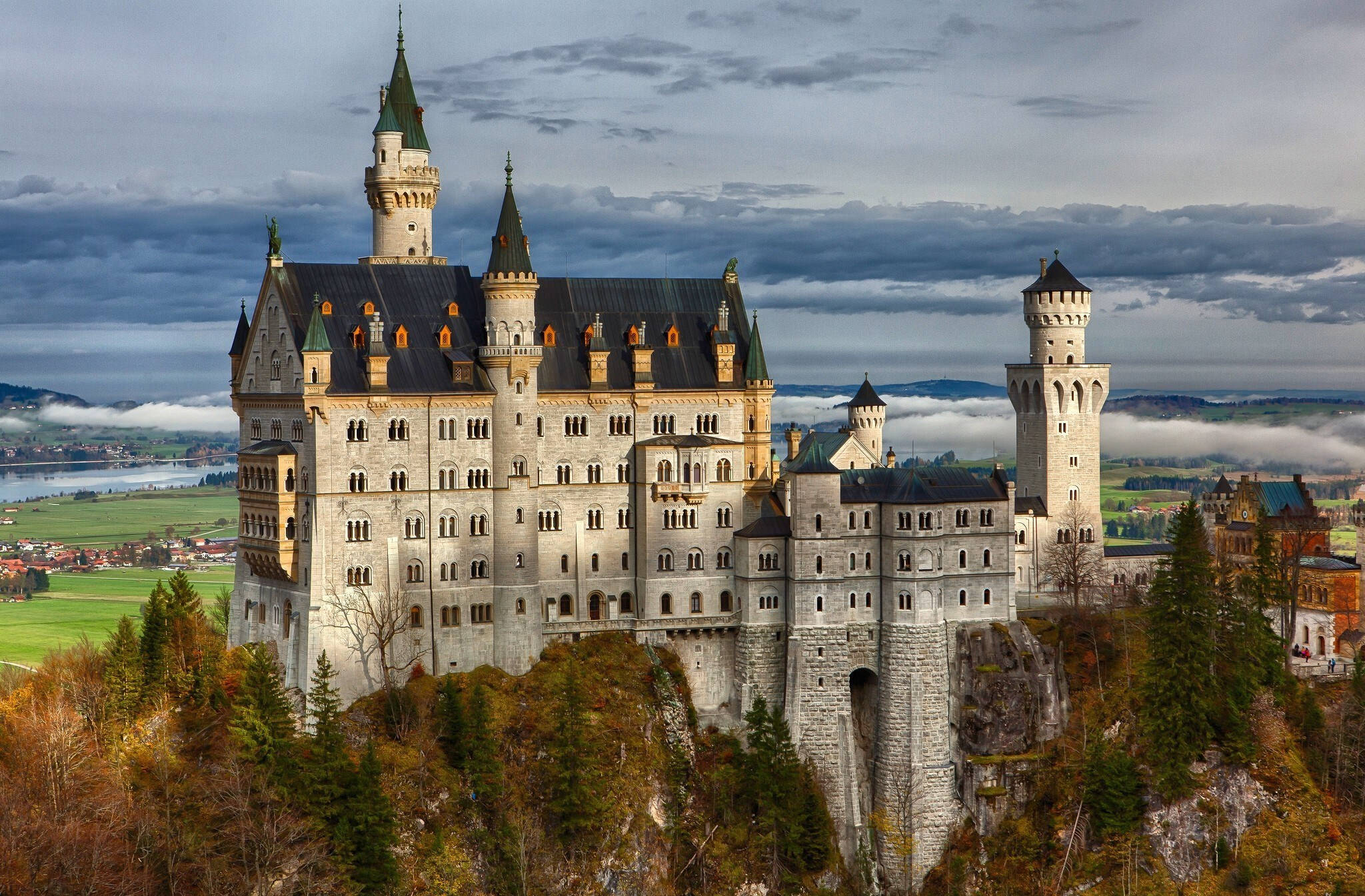 Neuschwanstein Castle, autumn trees, misty valley, Full HD Desktop Wallpaper