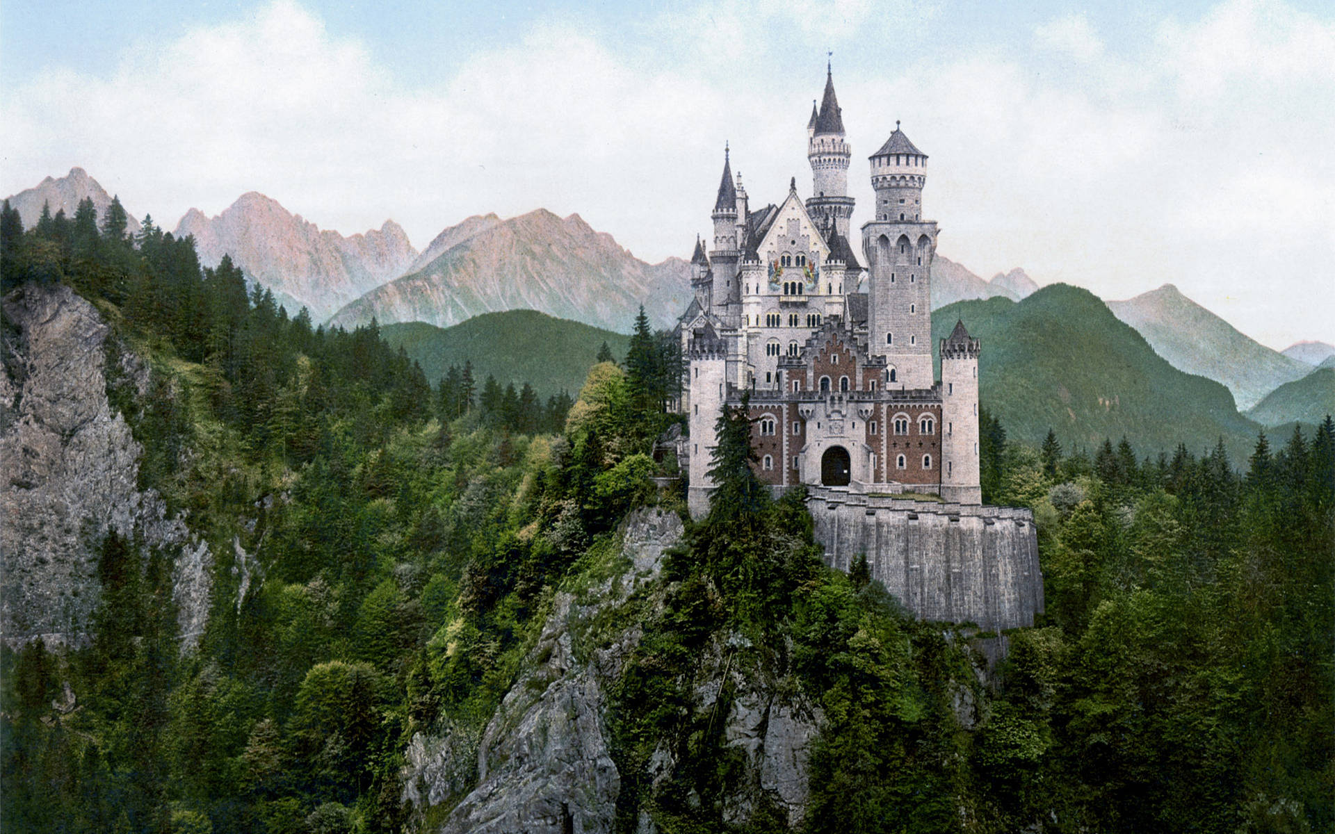 Neuschwanstein Castle, green forests, rocky cliff, Full HD Desktop Wallpaper