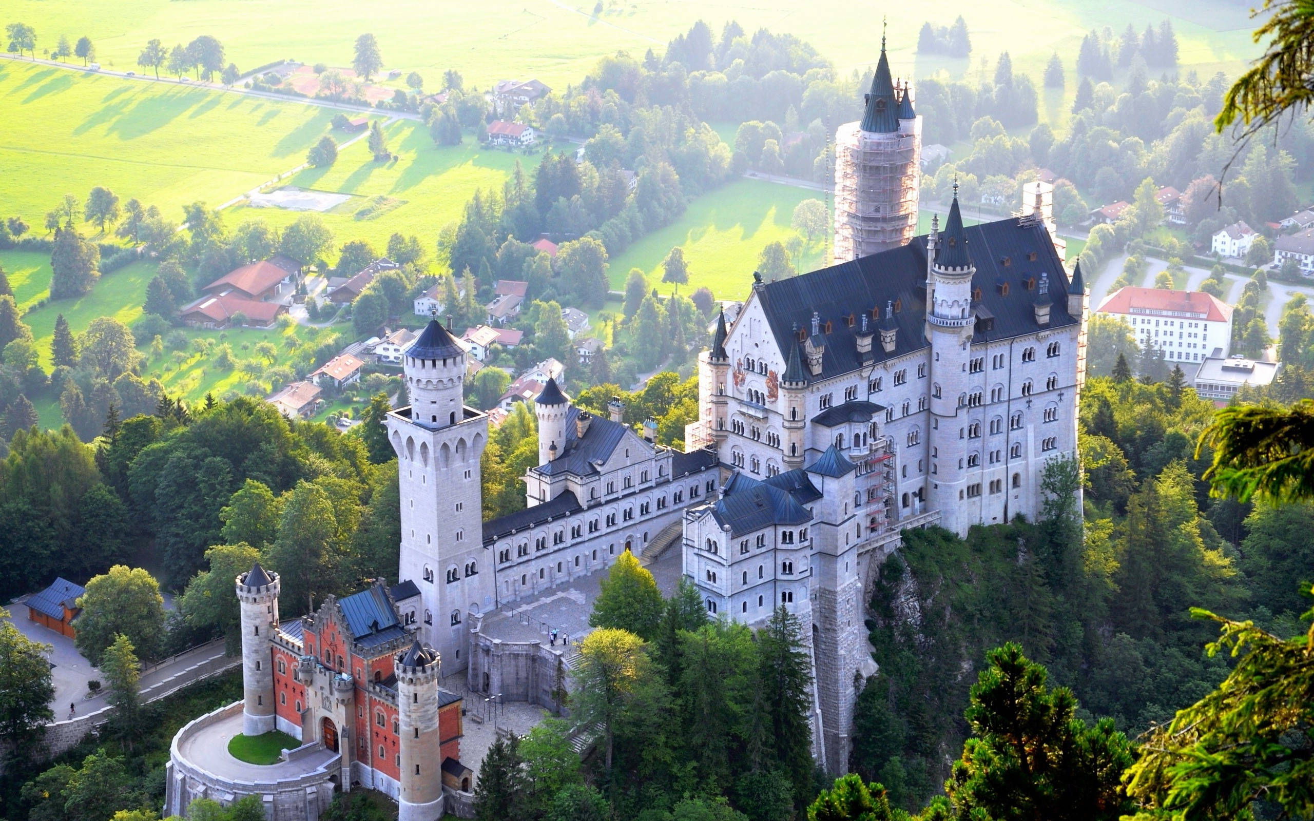 Neuschwanstein Castle, isometric forest, white castle, 2K Desktop Wallpaper