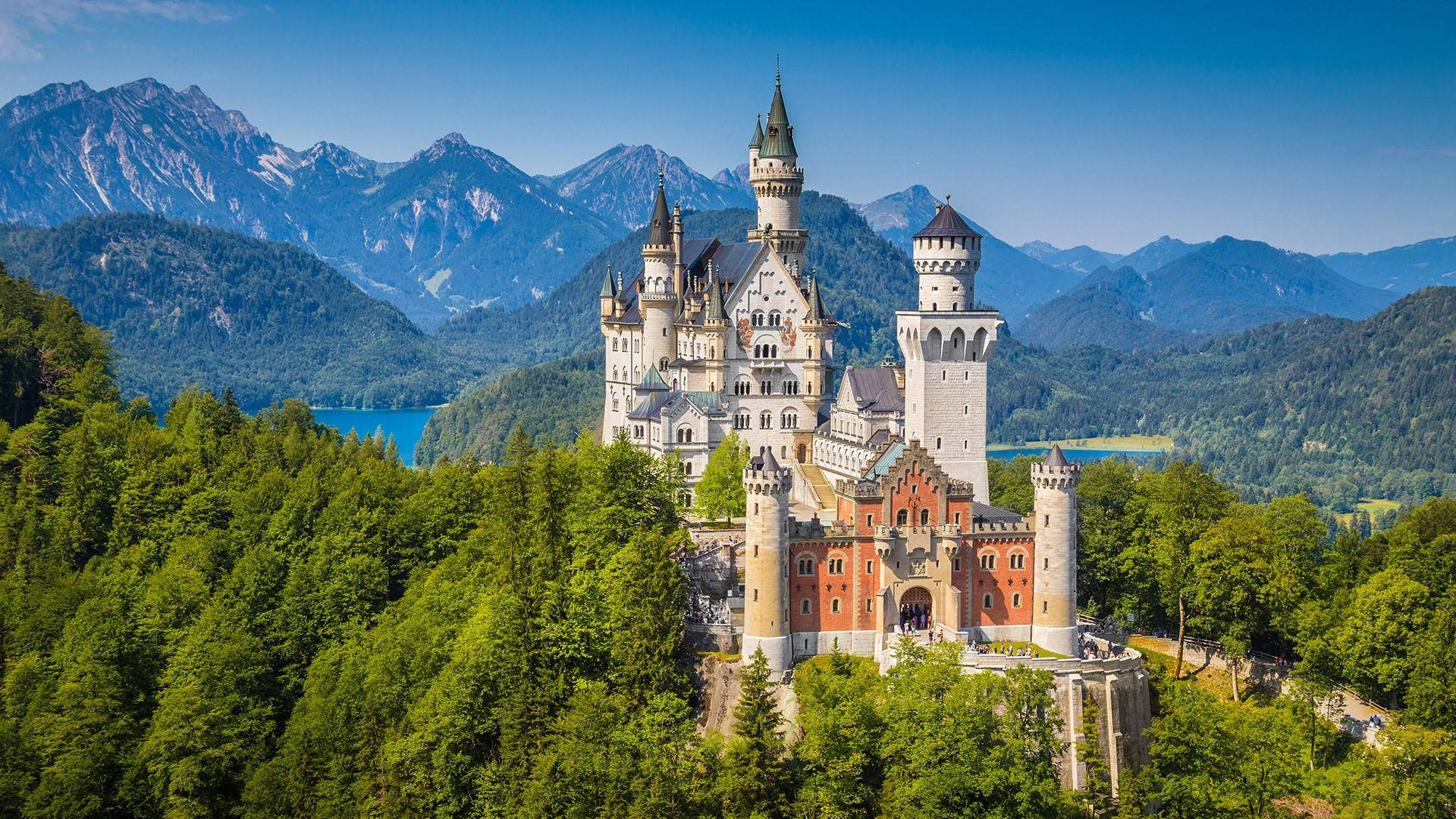 Neuschwanstein Castle, white castle, turrets, Full HD Desktop Wallpaper