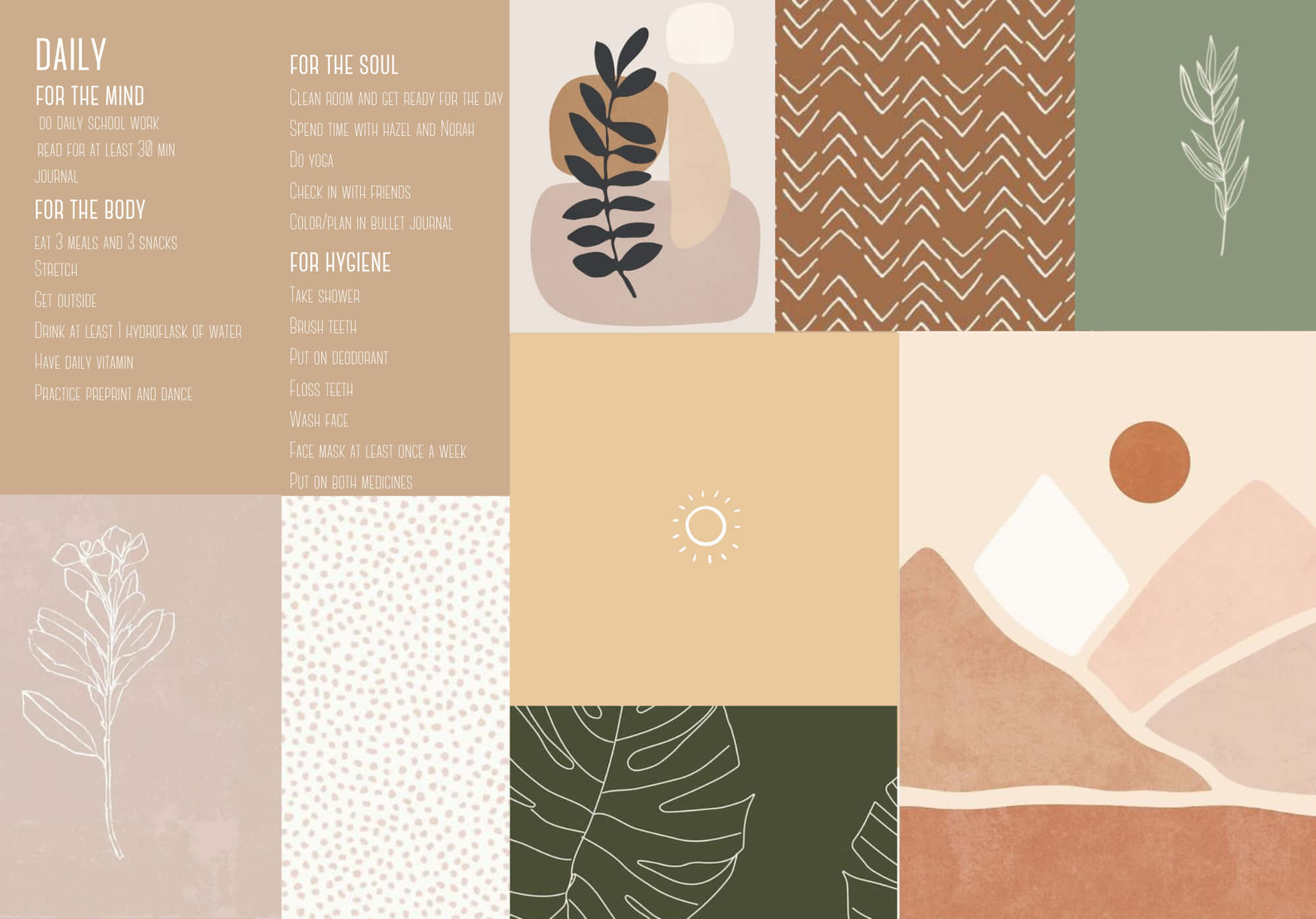 neutral aesthetic desktop, minimalist abstract patterns, plant illustrations, Full HD Desktop Wallpaper