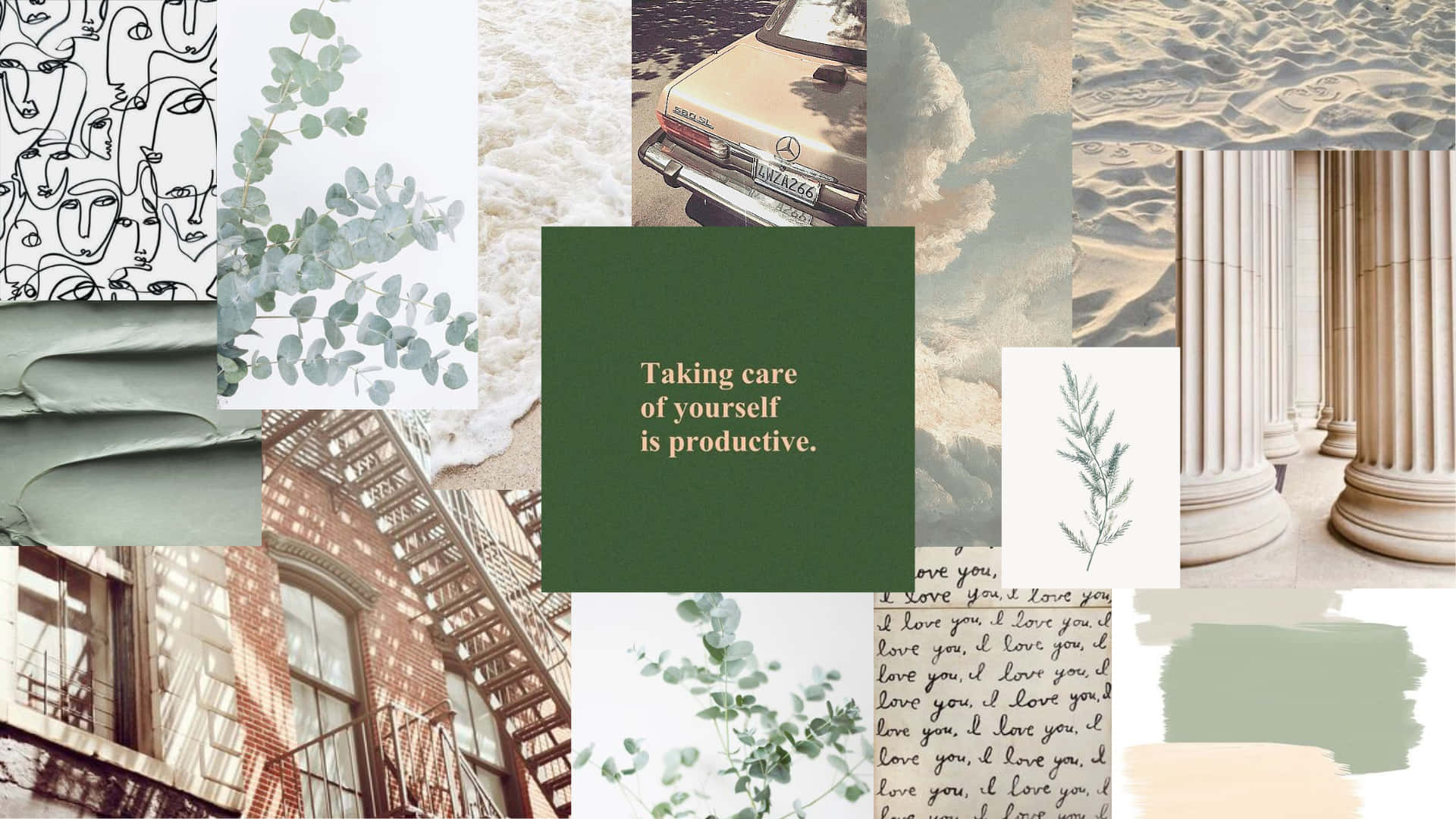 green and white colors, eucalyptus leaves, vintage car columns, Full HD Desktop Wallpaper
