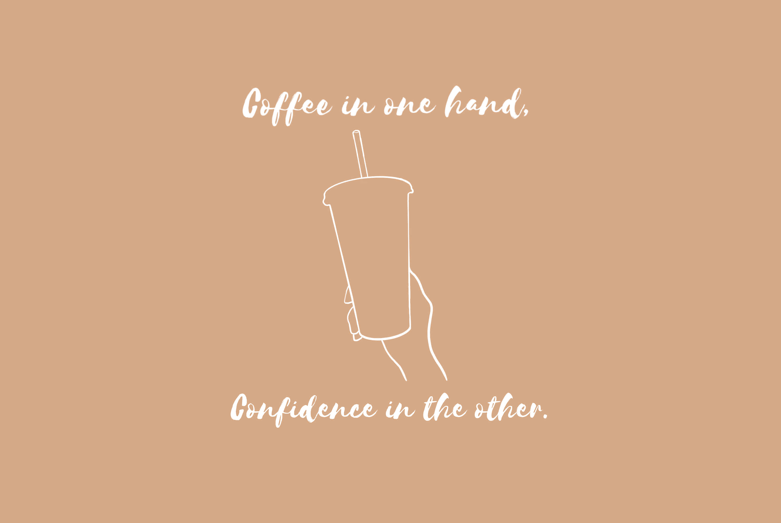 beige background, minimalist line drawing, hand holding a coffee cup, 2K Desktop Wallpaper