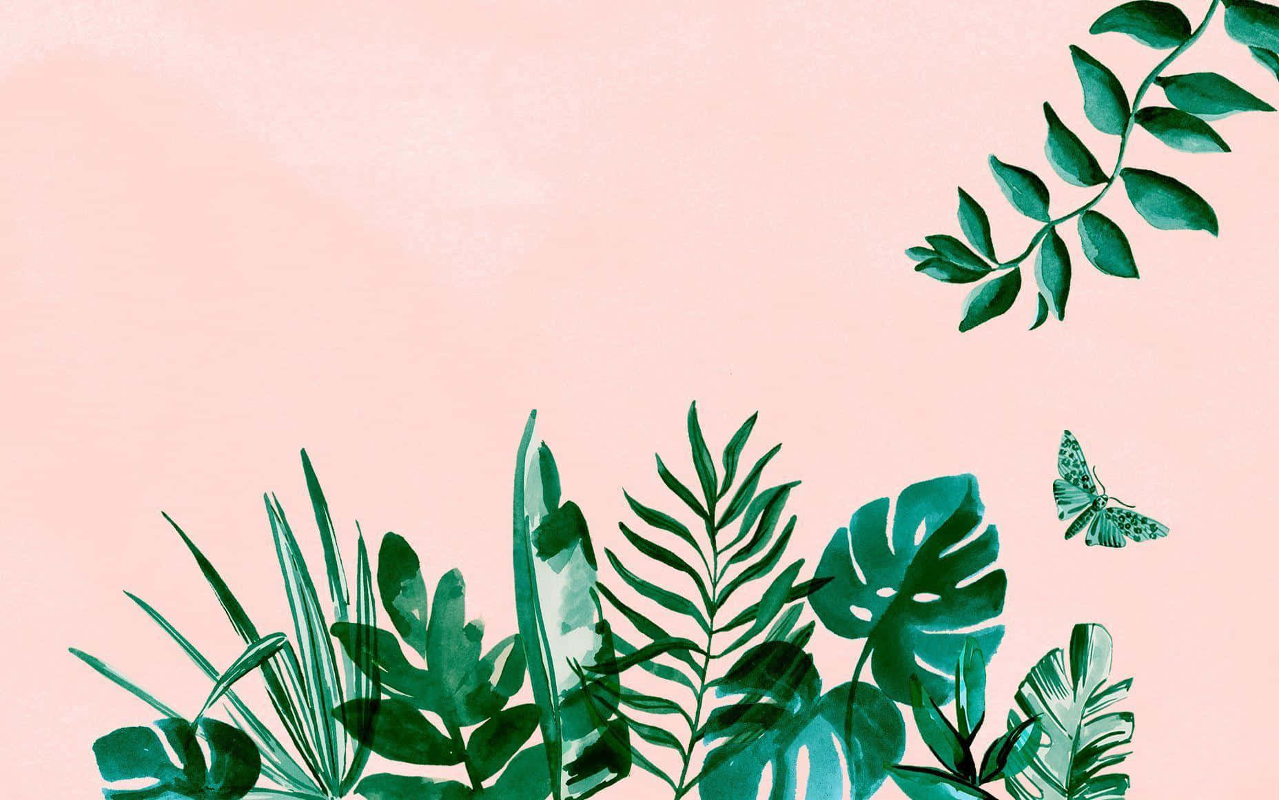 neutral colors, soft pink watercolor background, vibrant green tropical leaves, HD Desktop Wallpaper