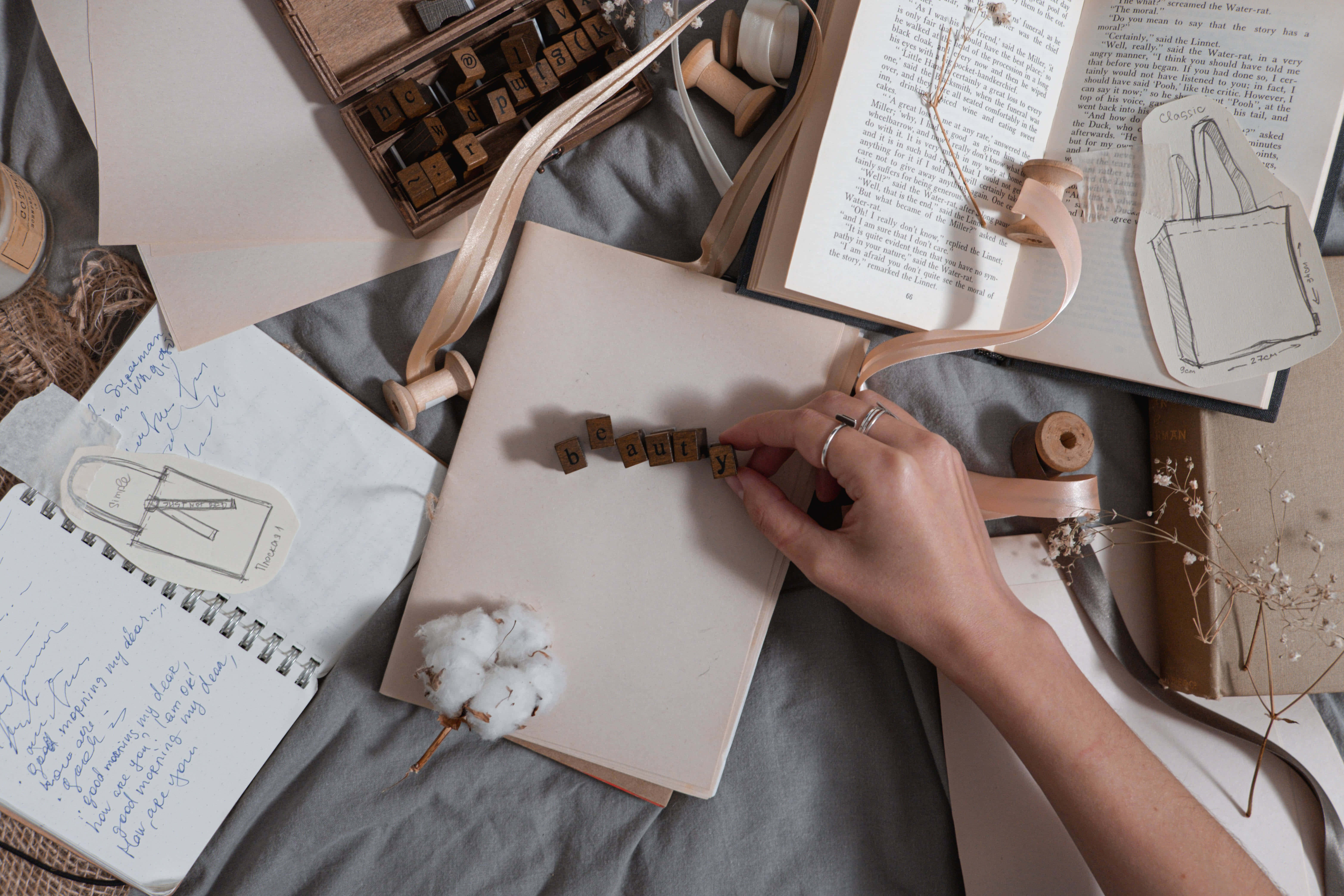 wooden letter blocks, notebook, books, 5K Desktop Wallpaper