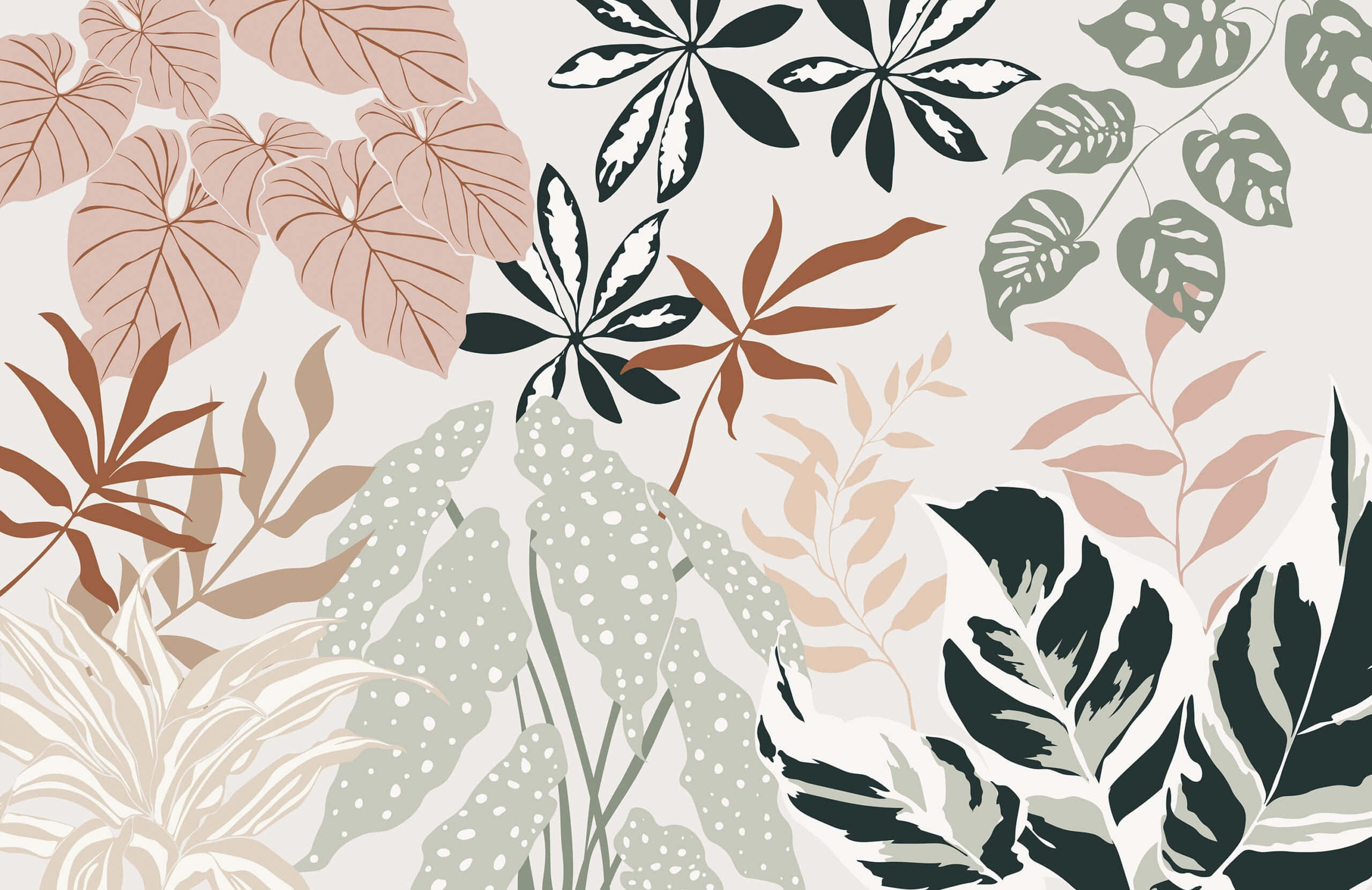 Neutral Desktop, tropical leaves, muted earth tones, 2K Desktop Wallpaper