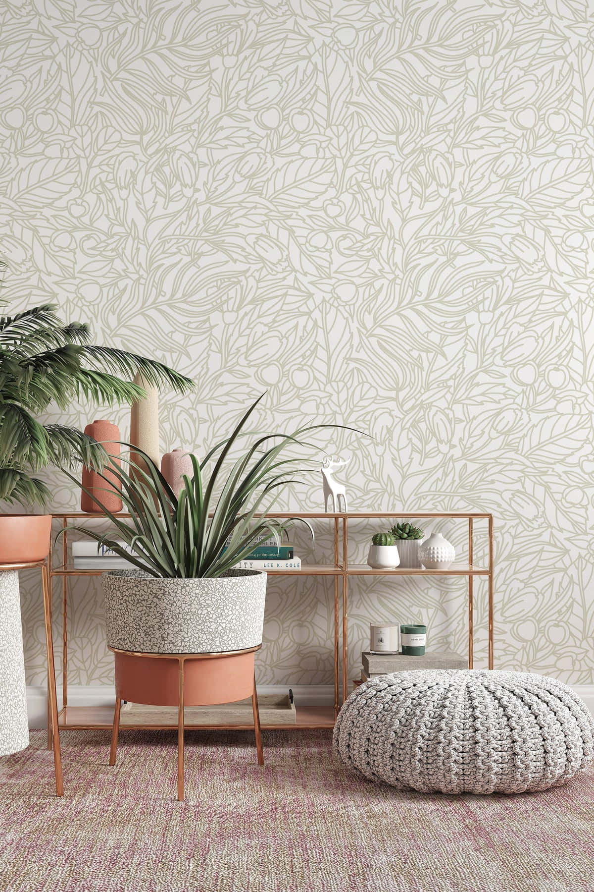 light green botanical wallpaper, copper-toned shelving, potted plants, HD Phone Wallpaper
