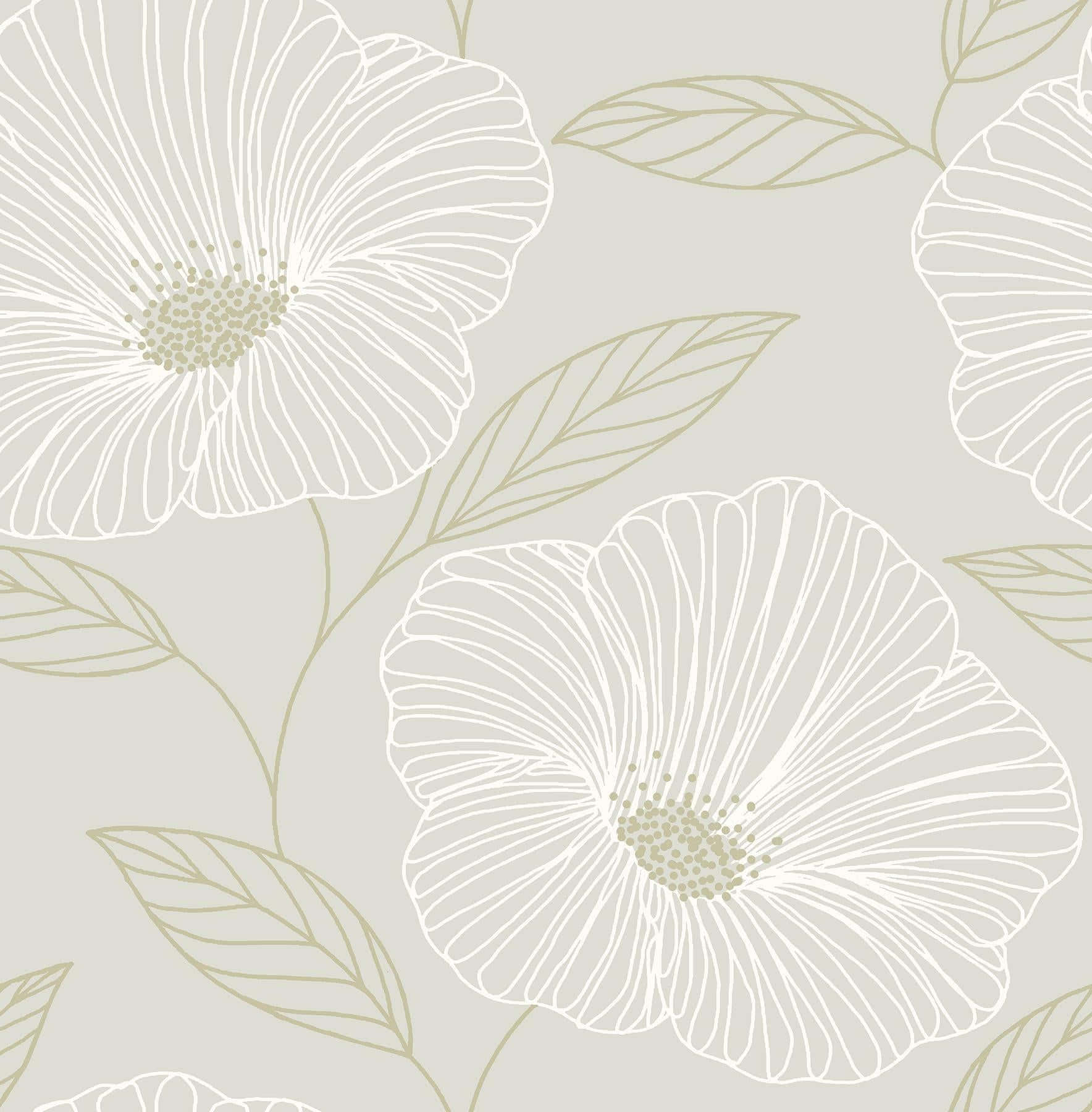 Neutral Floral, white outlined poppies, olive green leaves, HD Phone Wallpaper