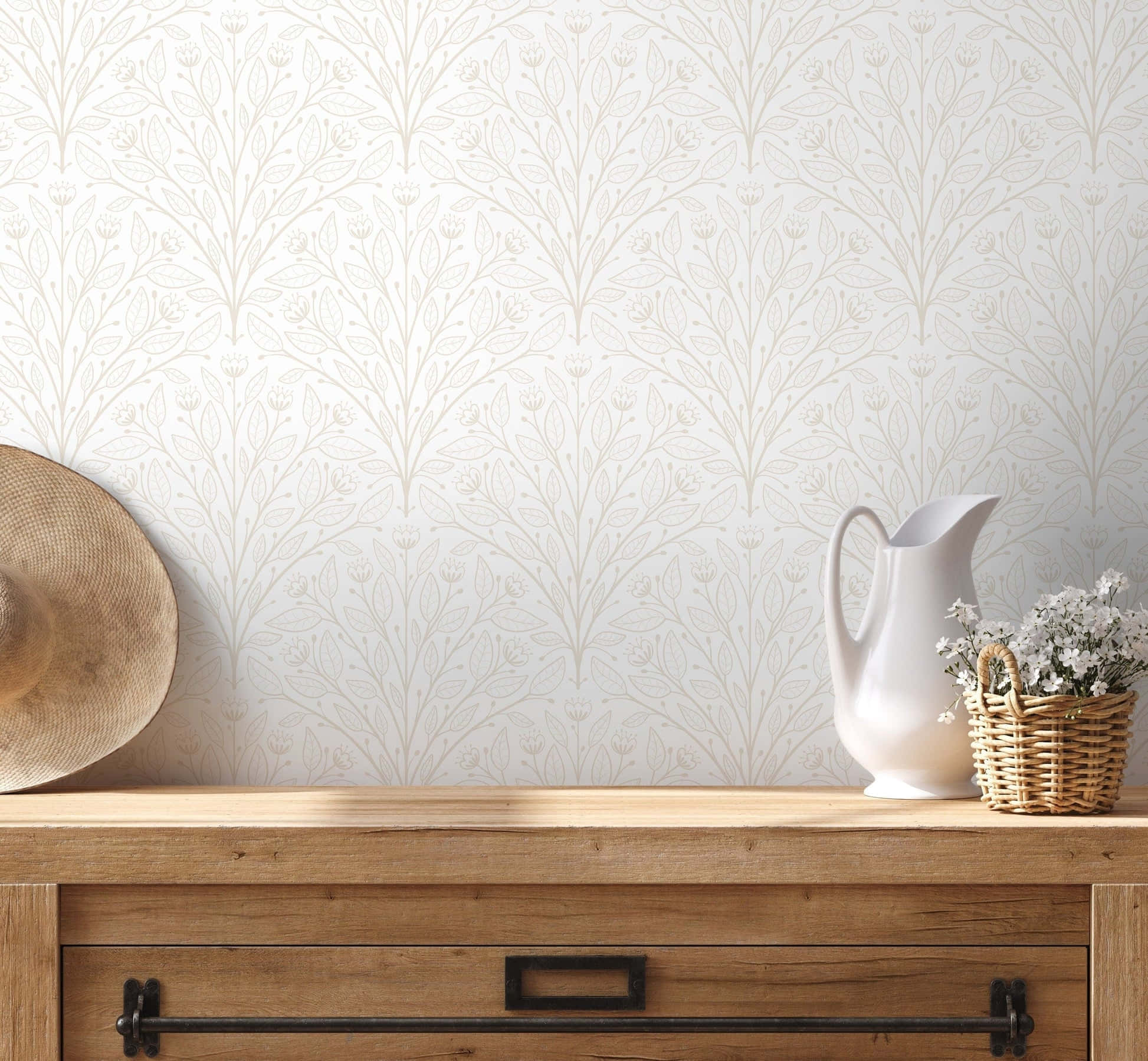 wooden dresser, straw hat, white pitcher, Full HD Desktop Wallpaper