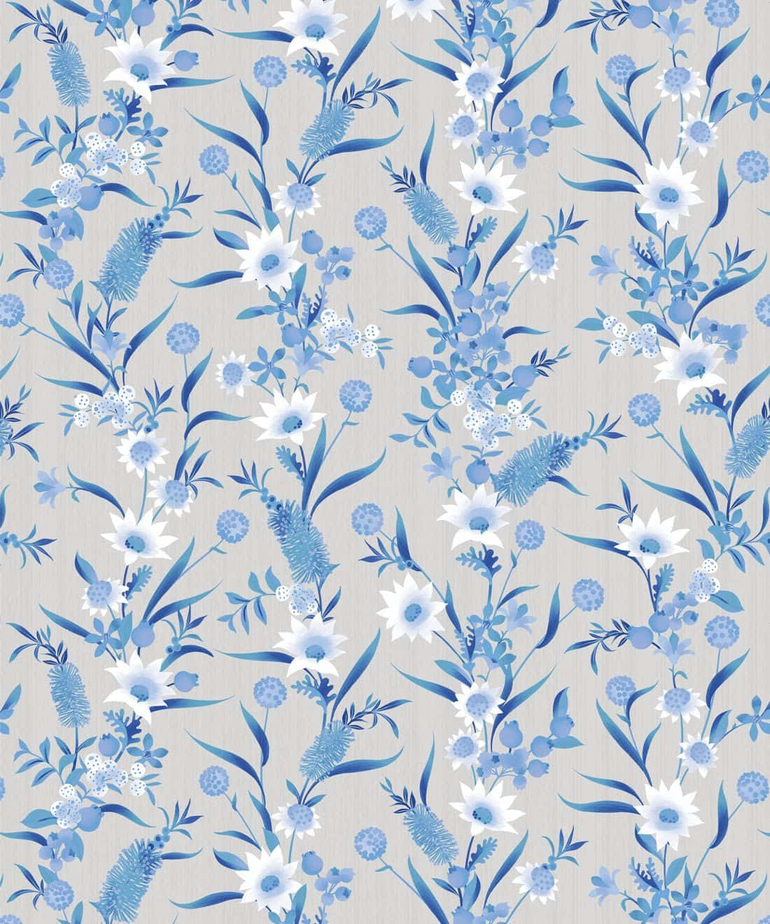blue floral pattern, white stylized flowers, foliage, HD Phone Wallpaper