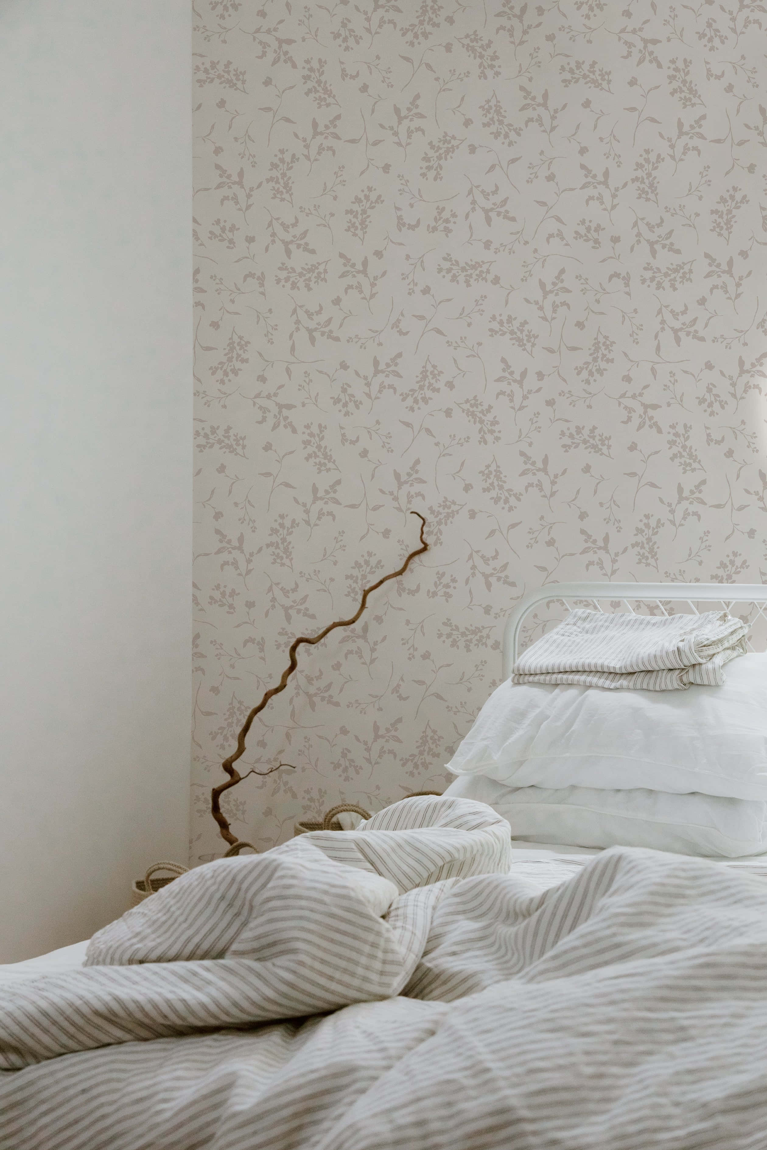 Neutral Floral, striped linens, delicate floral wallpaper, 2K Phone Wallpaper