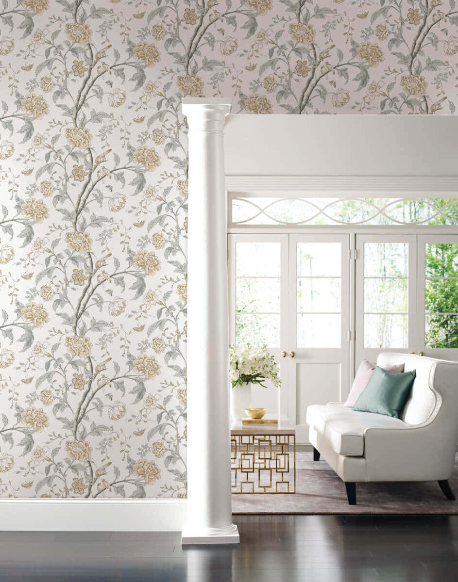 Elegant Floral Interior, gold and gray vines, bright interior, SD Phone Wallpaper