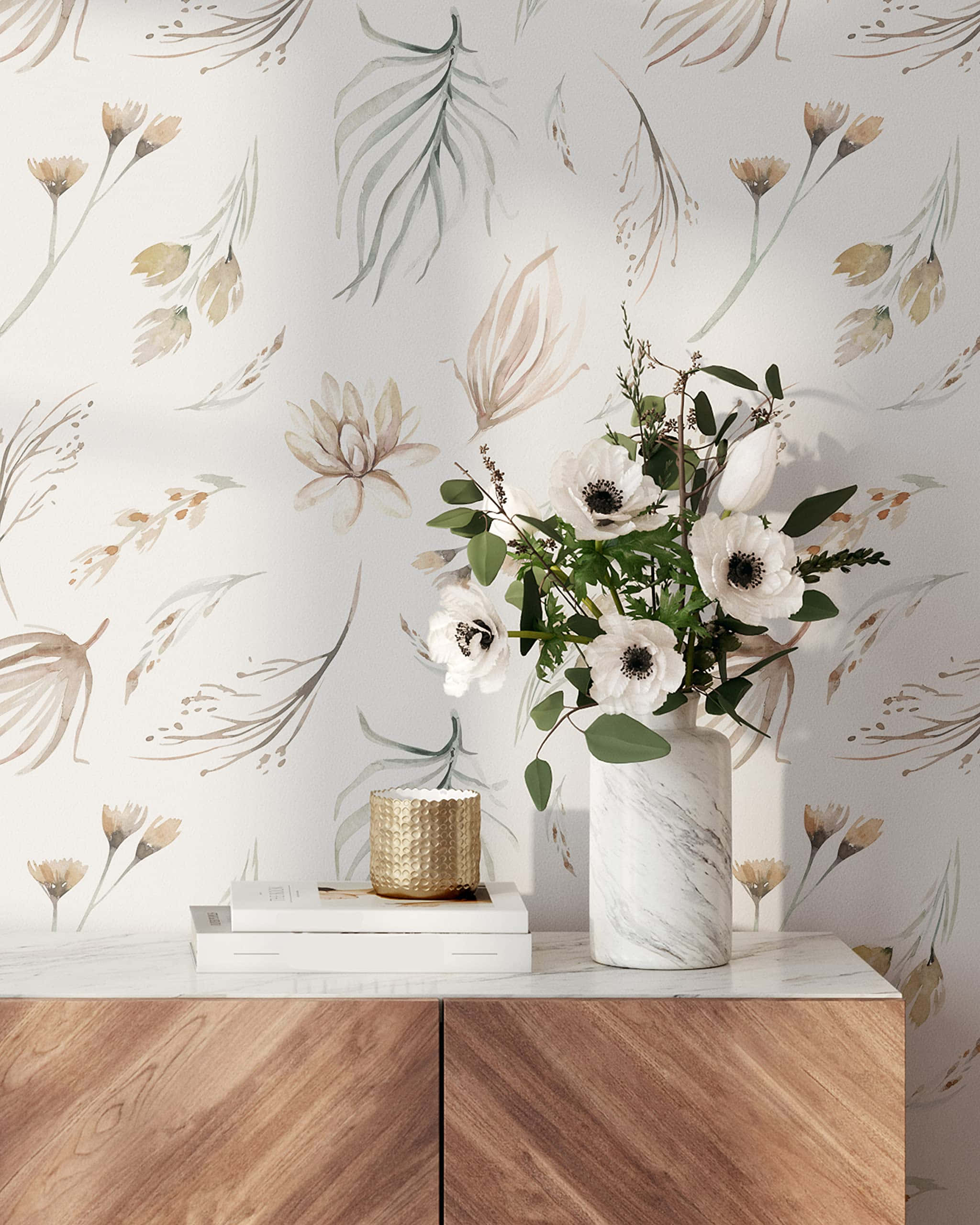 muted tones, marble-top console, white vase of anemones, 2K Phone Wallpaper