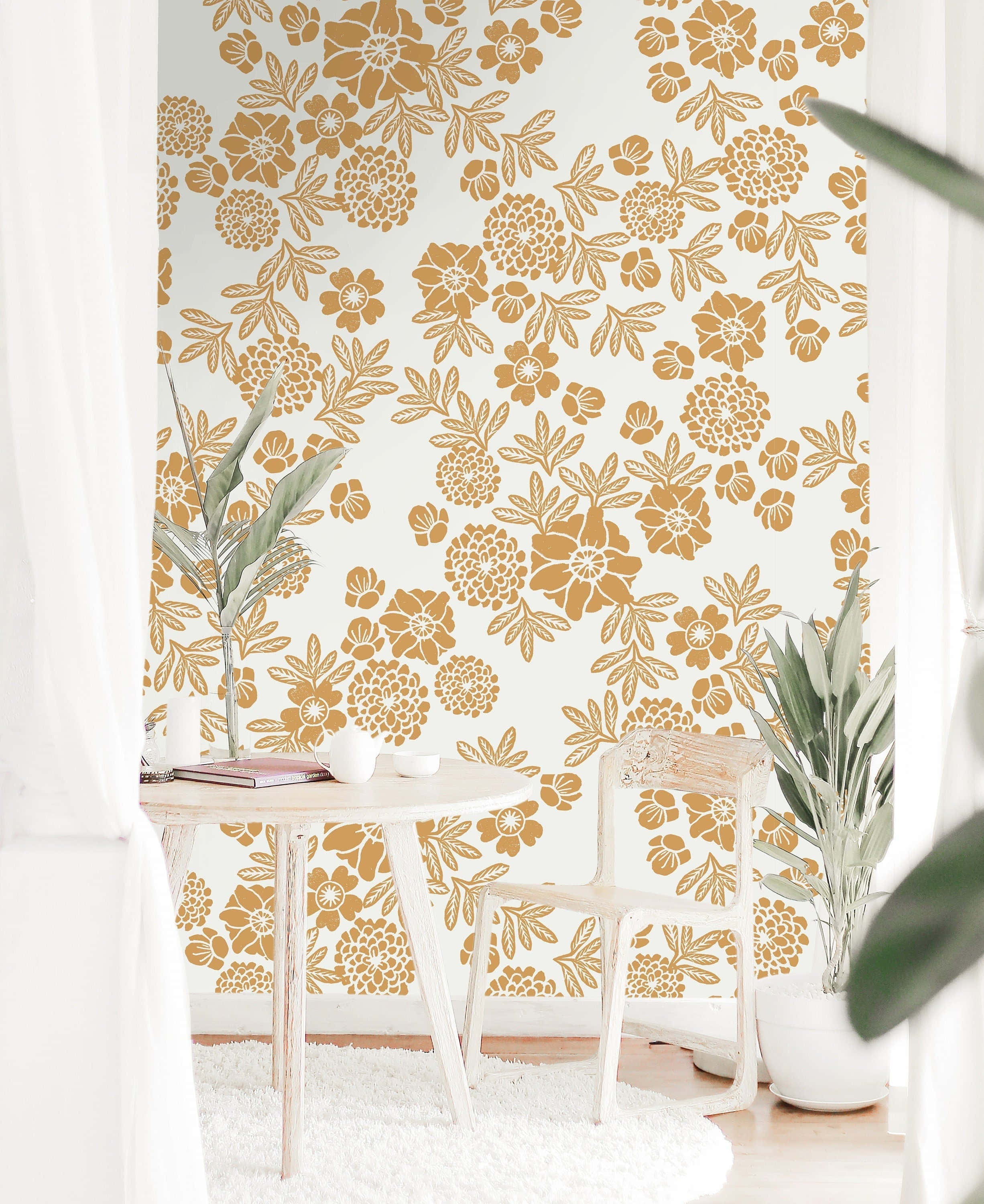 golden floral wallpaper, white round table, chair set, 2K Phone Wallpaper