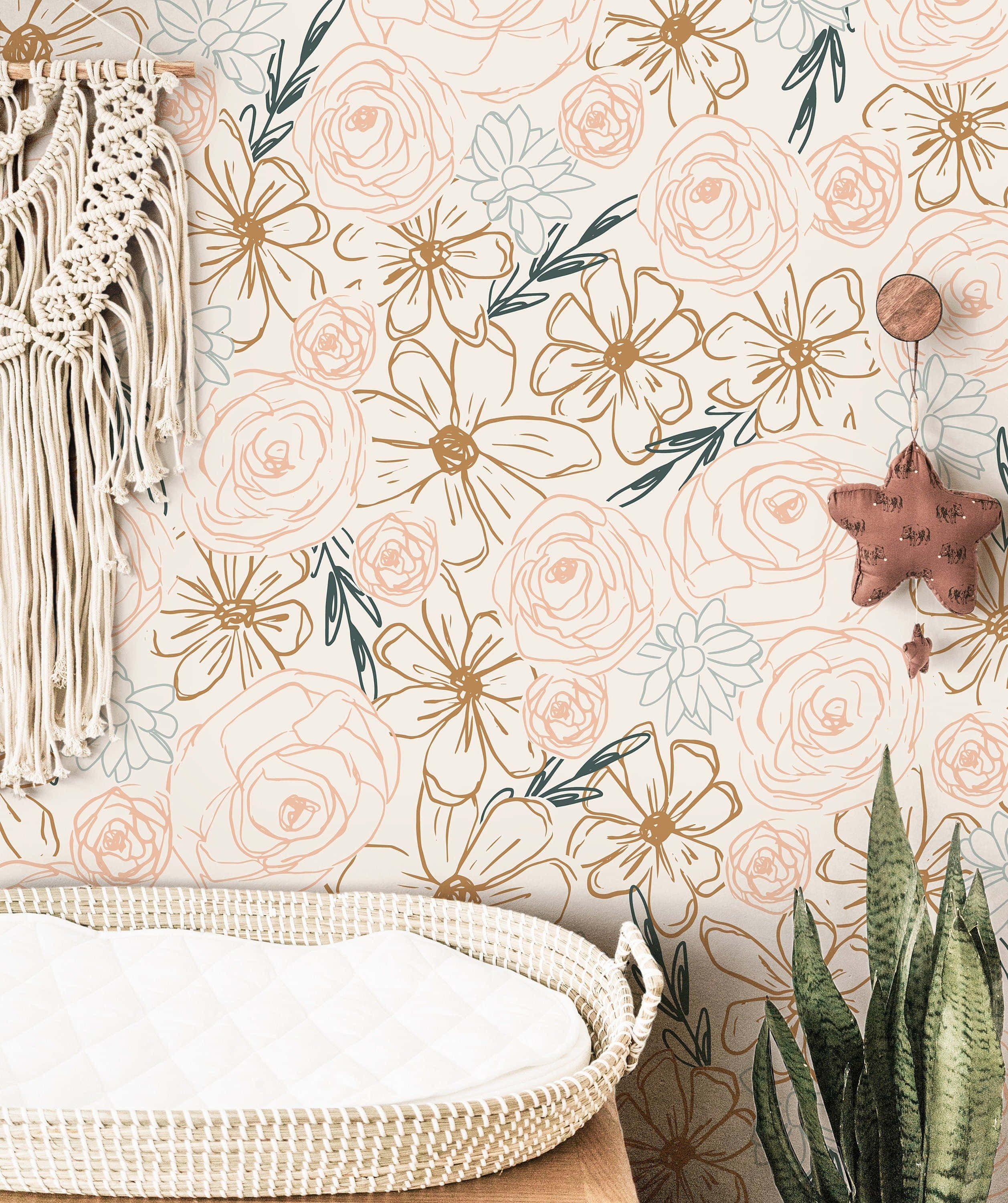 Neutral Floral, floral wallpaper, macrame wall hanging, 2K Phone Wallpaper