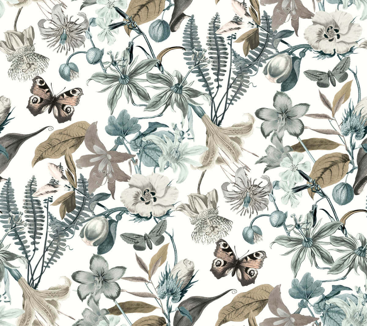 Neutral Floral, butterflies, muted teal, SD Desktop Wallpaper