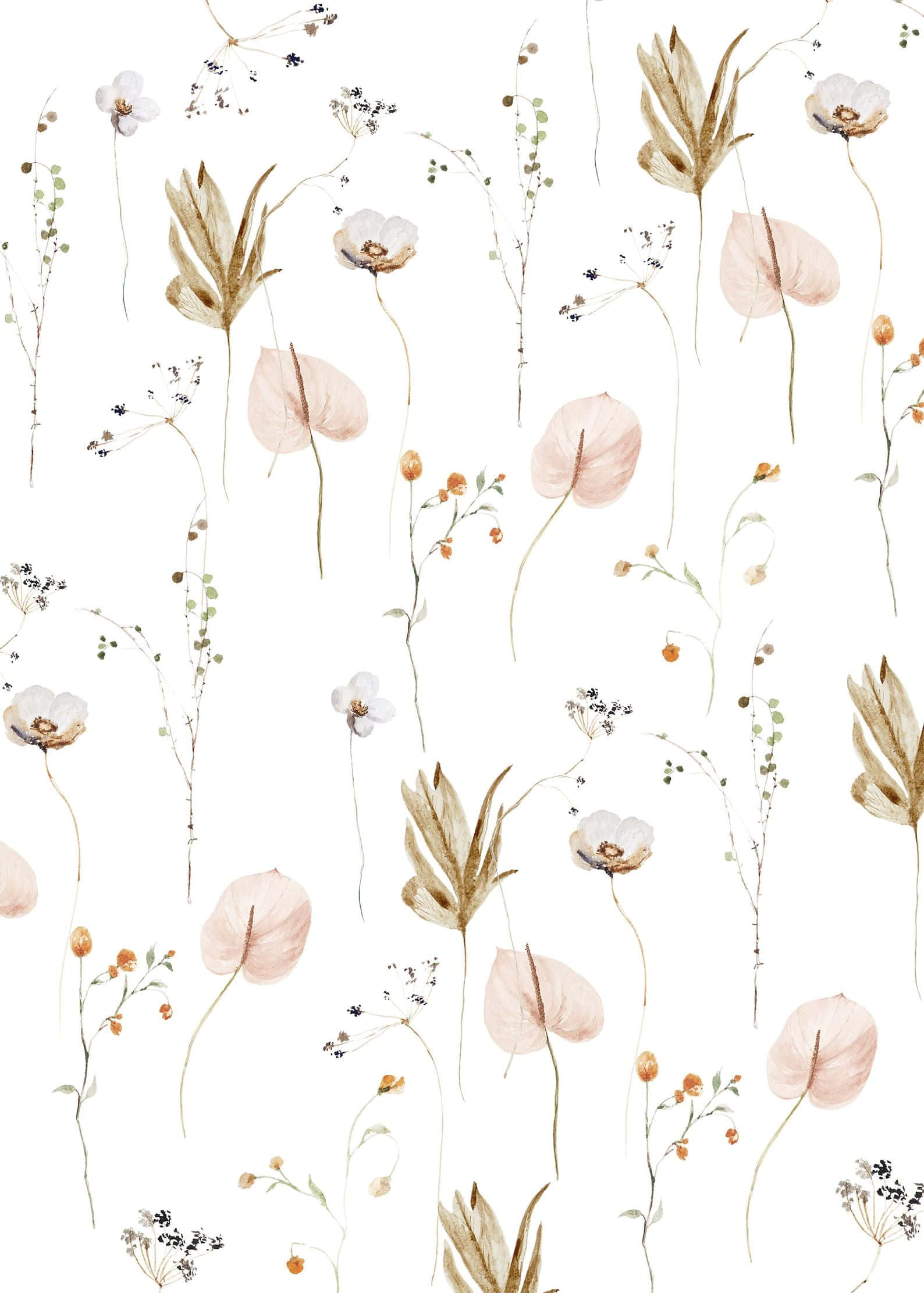 Neutral Floral, watercolor flowers, soft pink gold, Full HD Phone Wallpaper