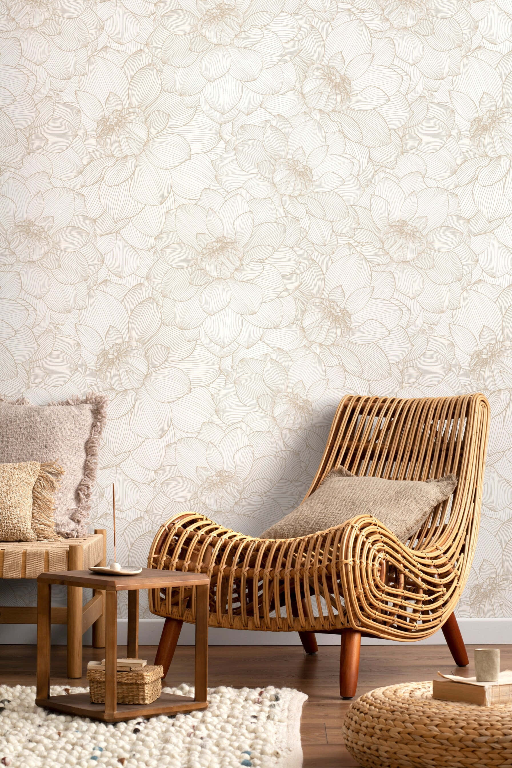 rattan lounge chair, beige floral line art wallpaper, warm minimalist interior, 2K Phone Wallpaper