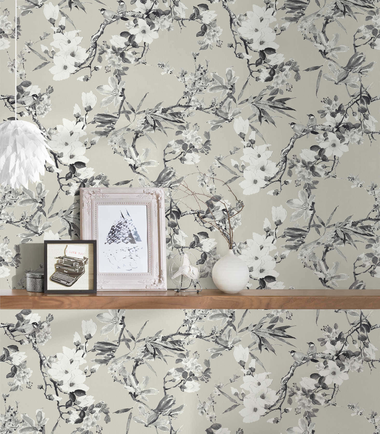 Neutral Floral, beige wallpaper, black and white magnolia branches, HD Phone Wallpaper