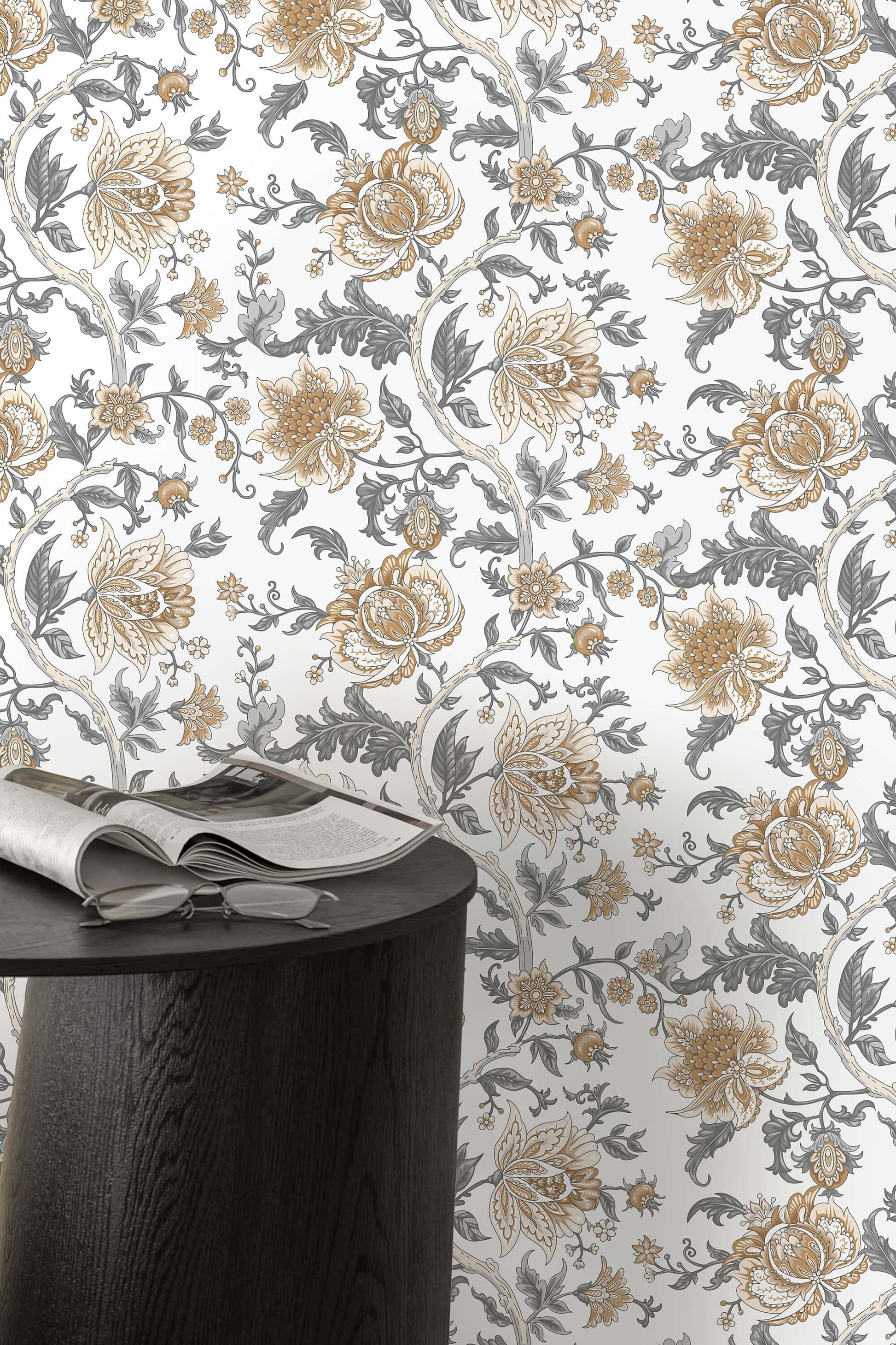 gold and gray blooms, dark wooden table, open magazine, 2K Phone Wallpaper