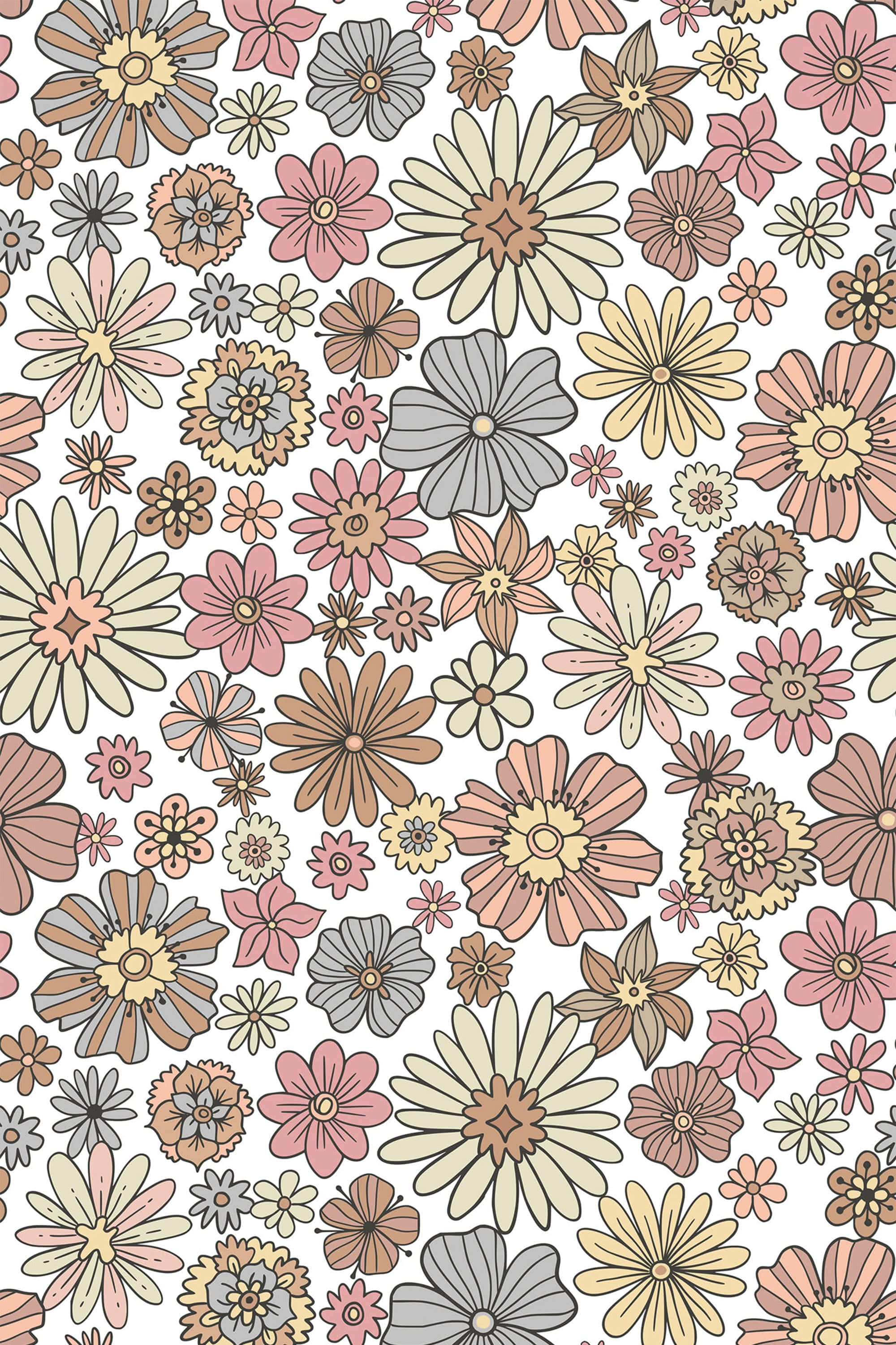 neutral floral pattern background, retro floral pattern, stylized daisies, 2K Phone Wallpaper