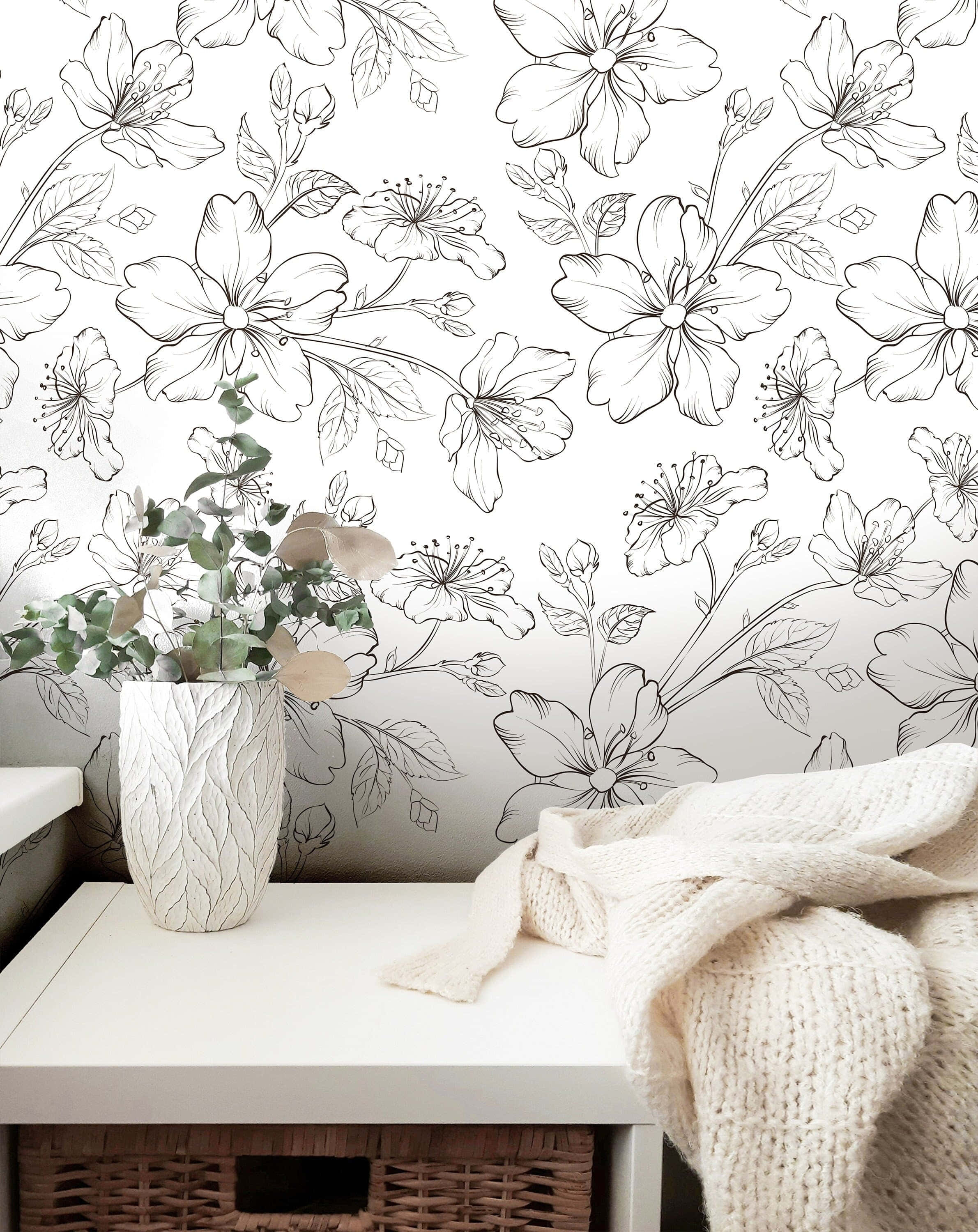 Neutral Floral, white room, black line drawing floral wallpaper, 2K Phone Wallpaper