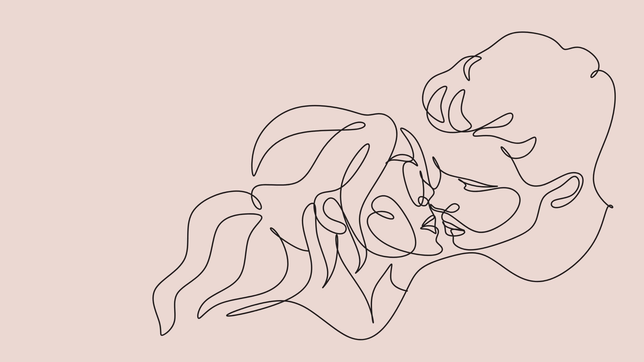 abstract lovers line art, black line, intertwined faces, 2K Desktop Wallpaper