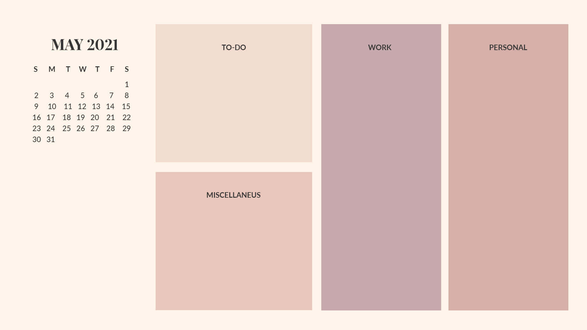 May 2021, pastel planner layout, four labeled task blocks, Full HD Desktop Wallpaper