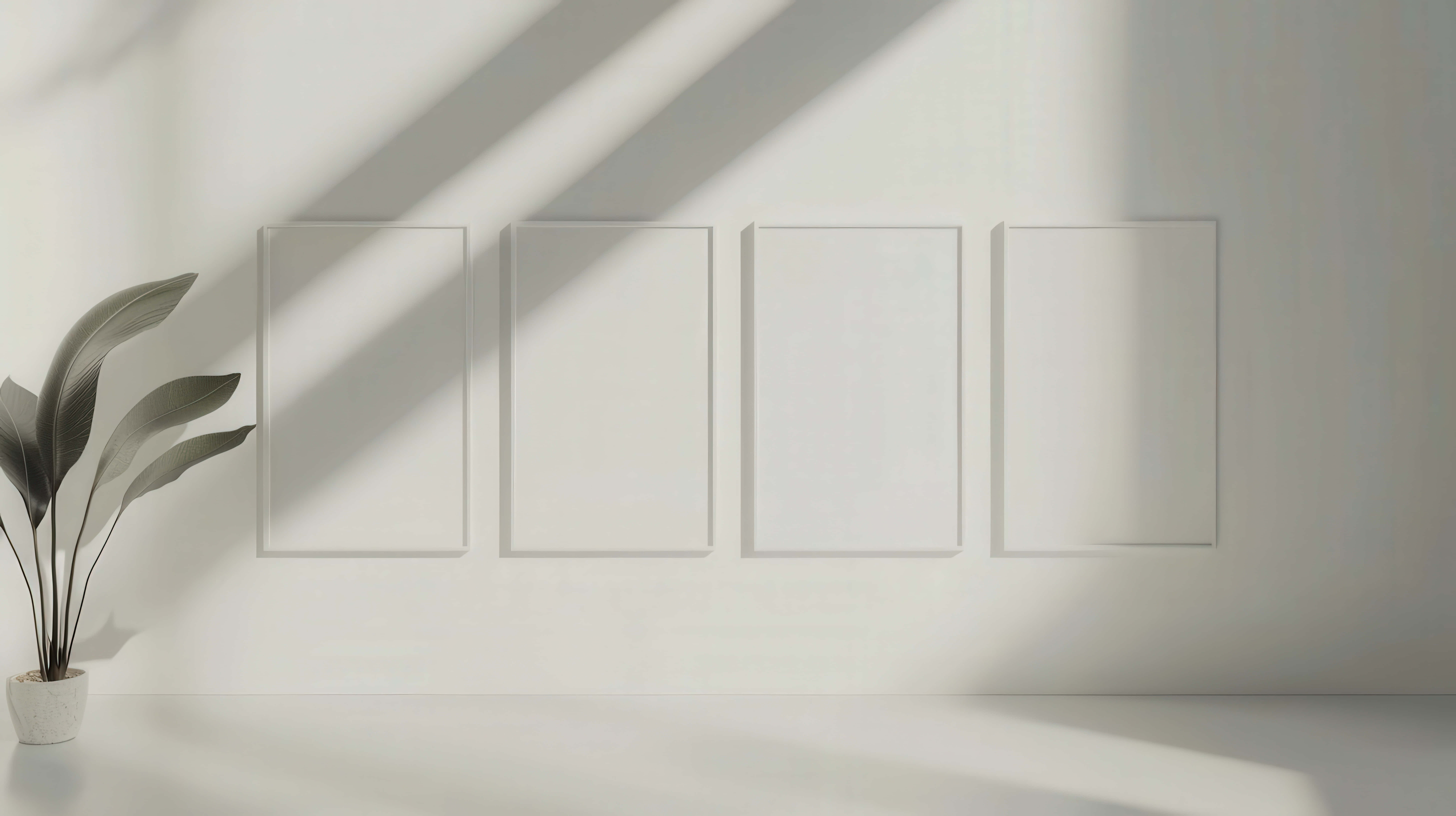 minimalist modern interior, empty white frames, soft light, 8K Desktop Wallpaper