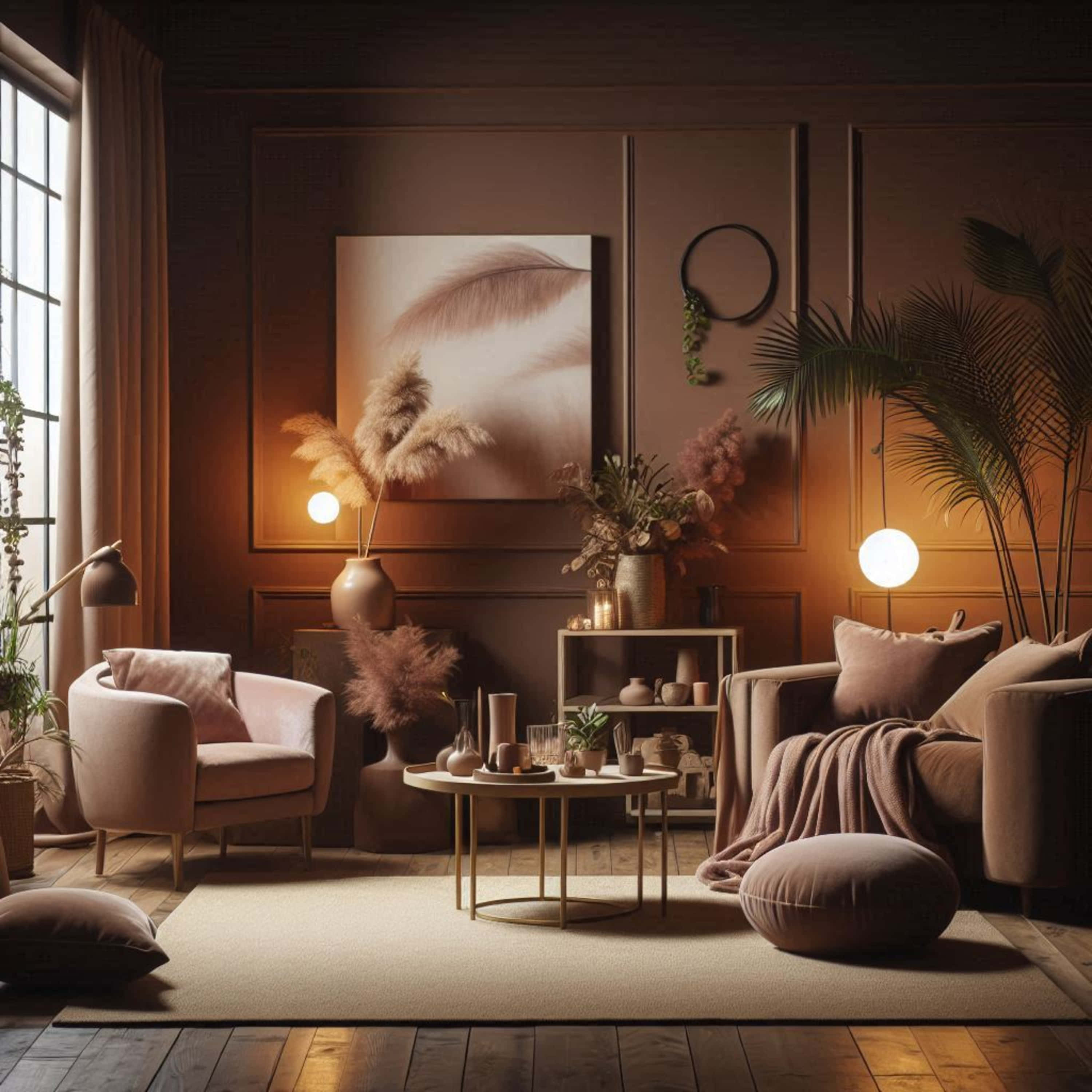 mocha mousse room, warm amber light, cozy living room, 2K Desktop Wallpaper