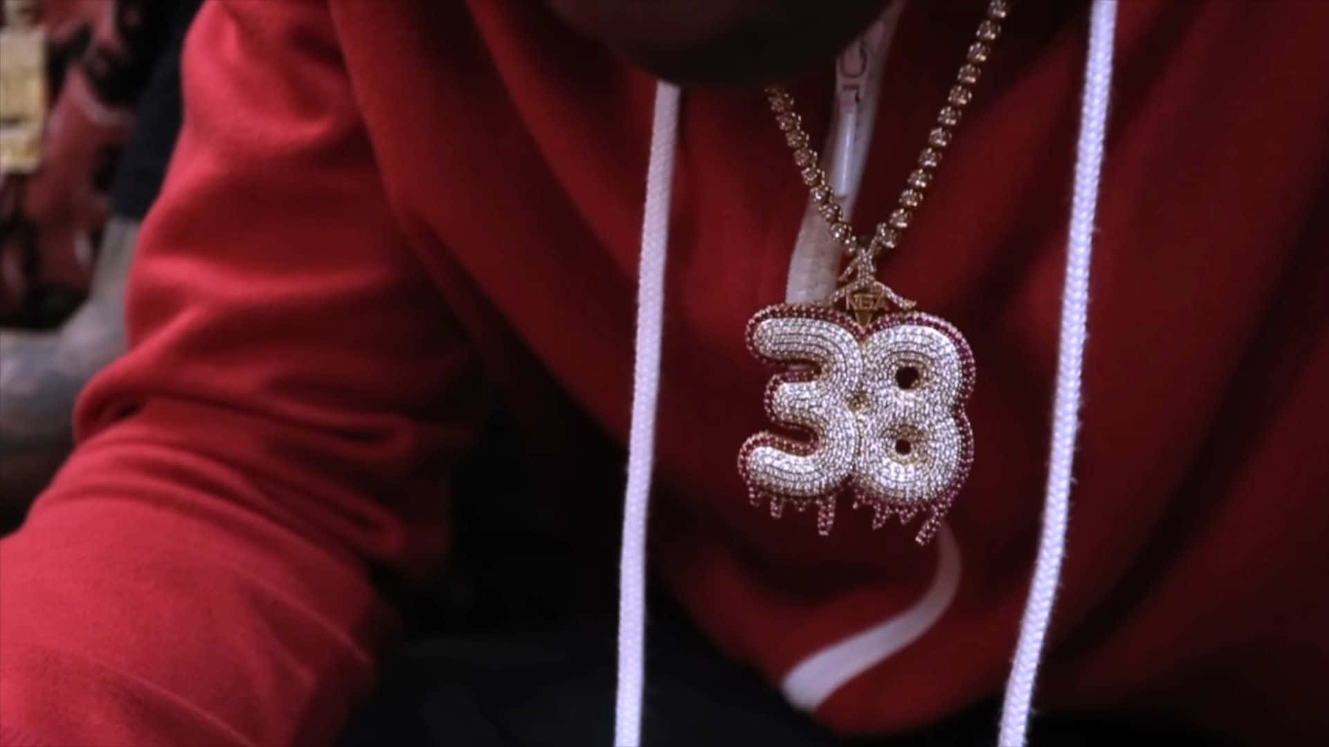 Never Broke Again, red hoodie, diamond-encrusted number 38 pendant necklace, Full HD Desktop Wallpaper