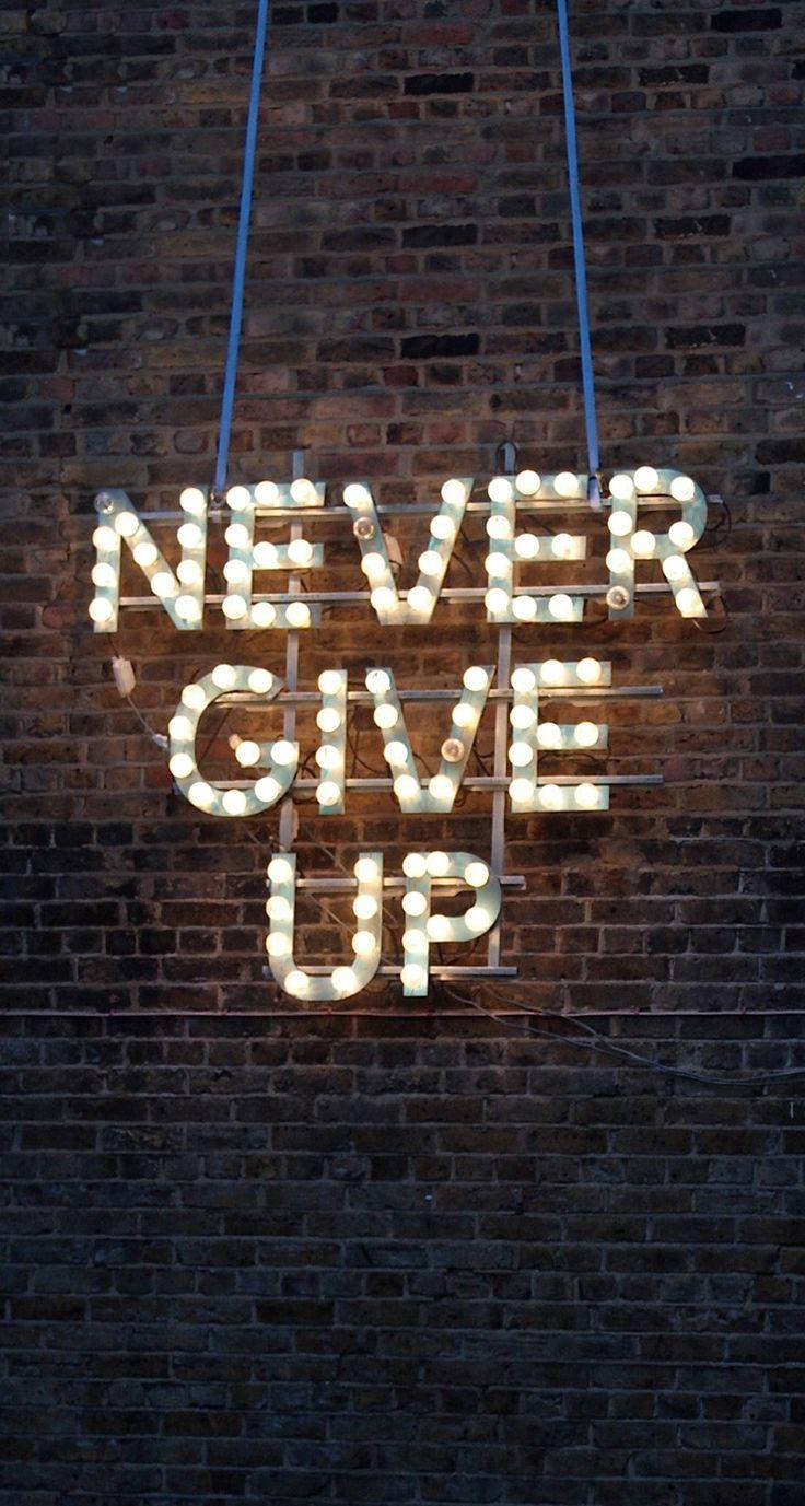 Never Give Up, light bulbs, dark brick wall, HD Phone Wallpaper