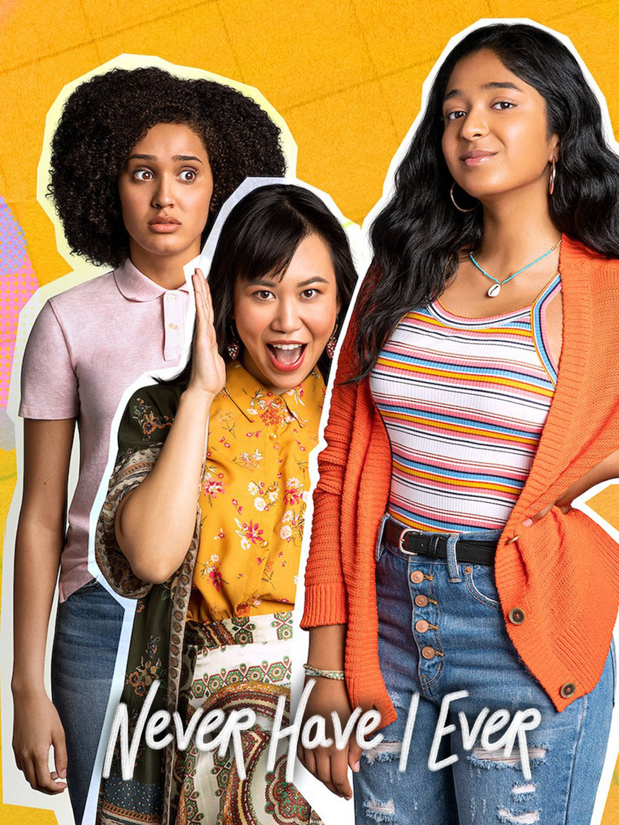 Never Have I Ever, vibrant yellow background, colorful geometric shapes, 2K Phone Wallpaper