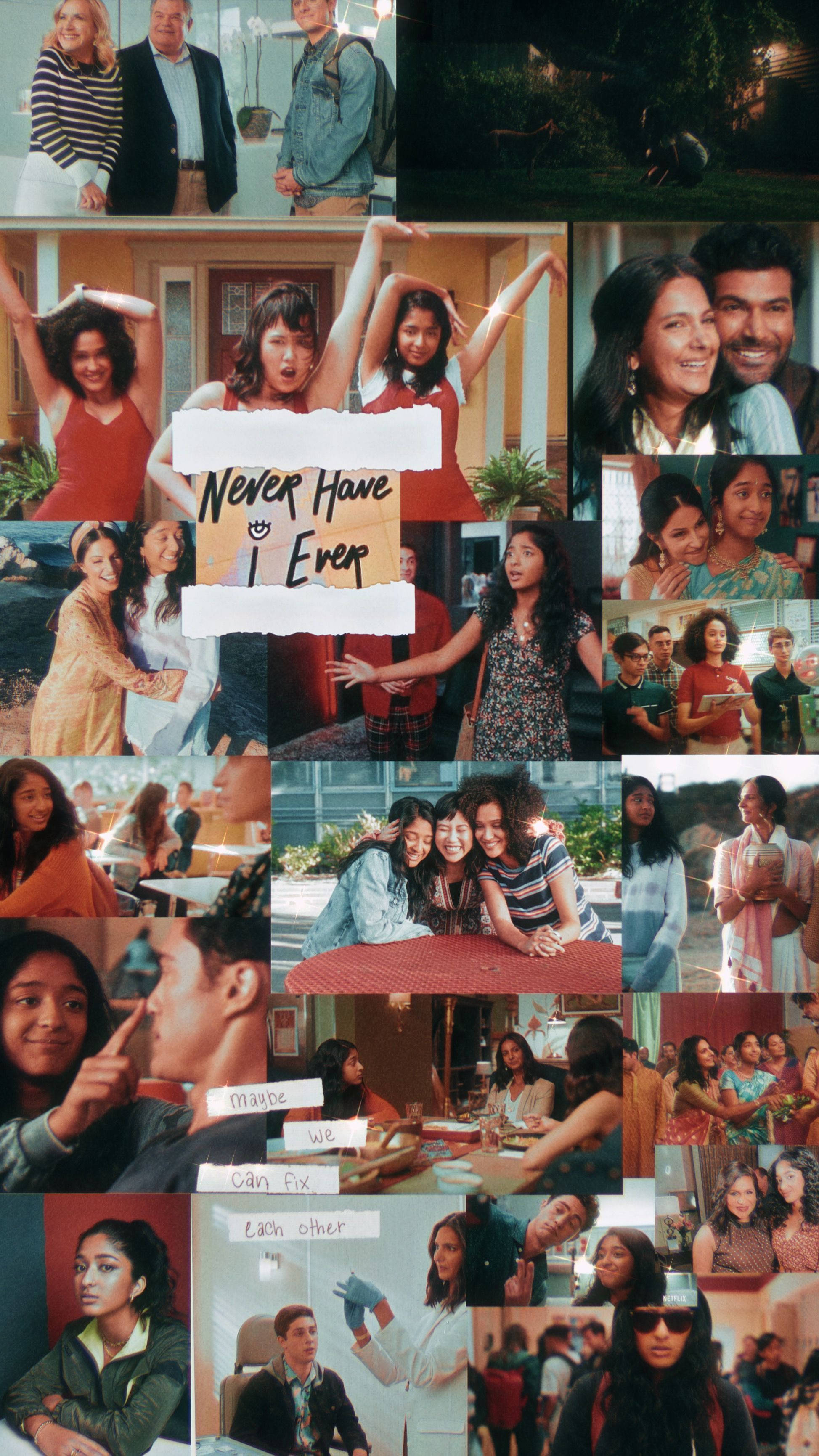 Never Have I Ever, torn paper overlays, vibrant collage, 2K Phone Wallpaper
