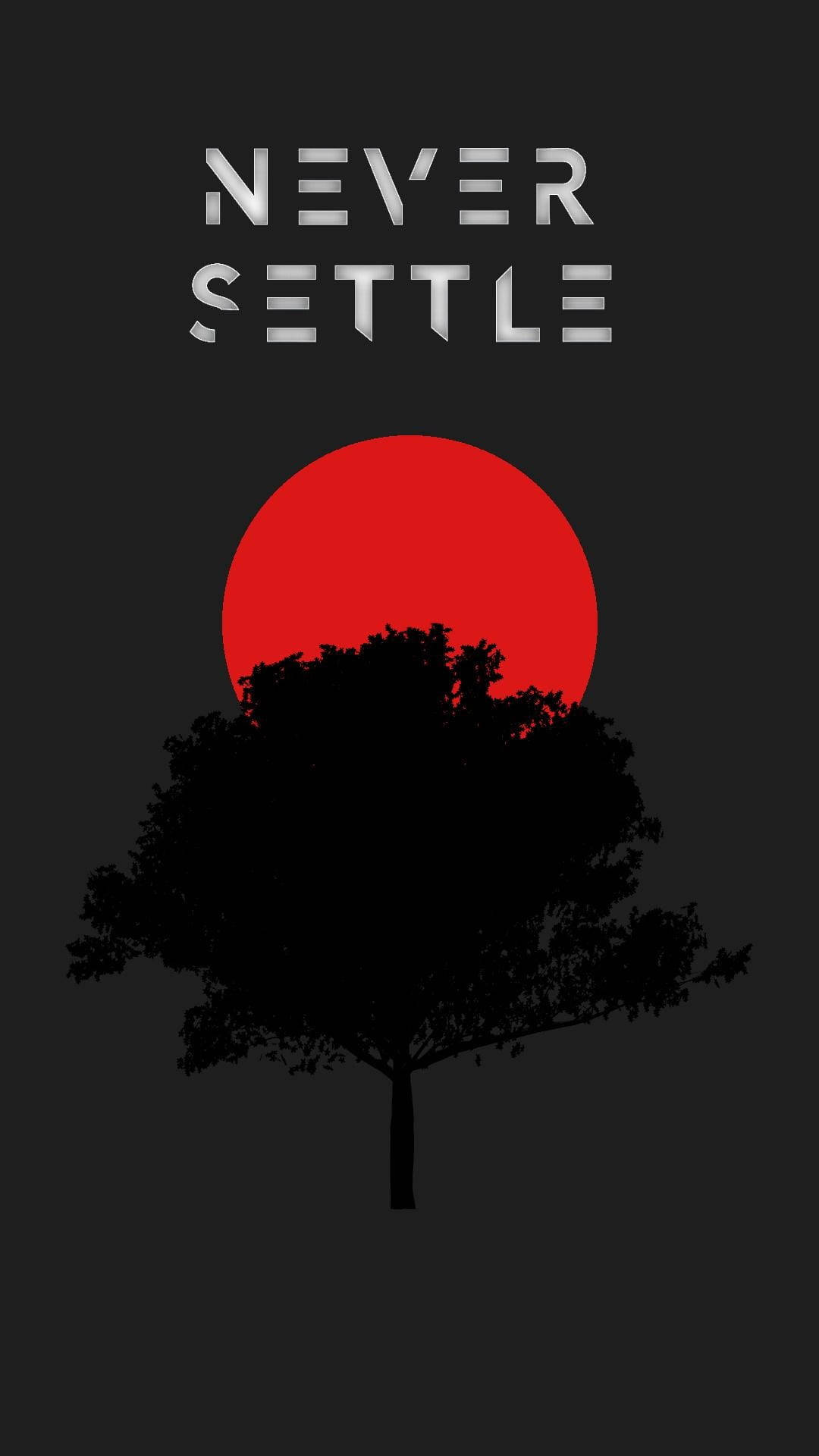Never Settle, Red Sun Tree, metallic lettering, Full HD Phone Wallpaper