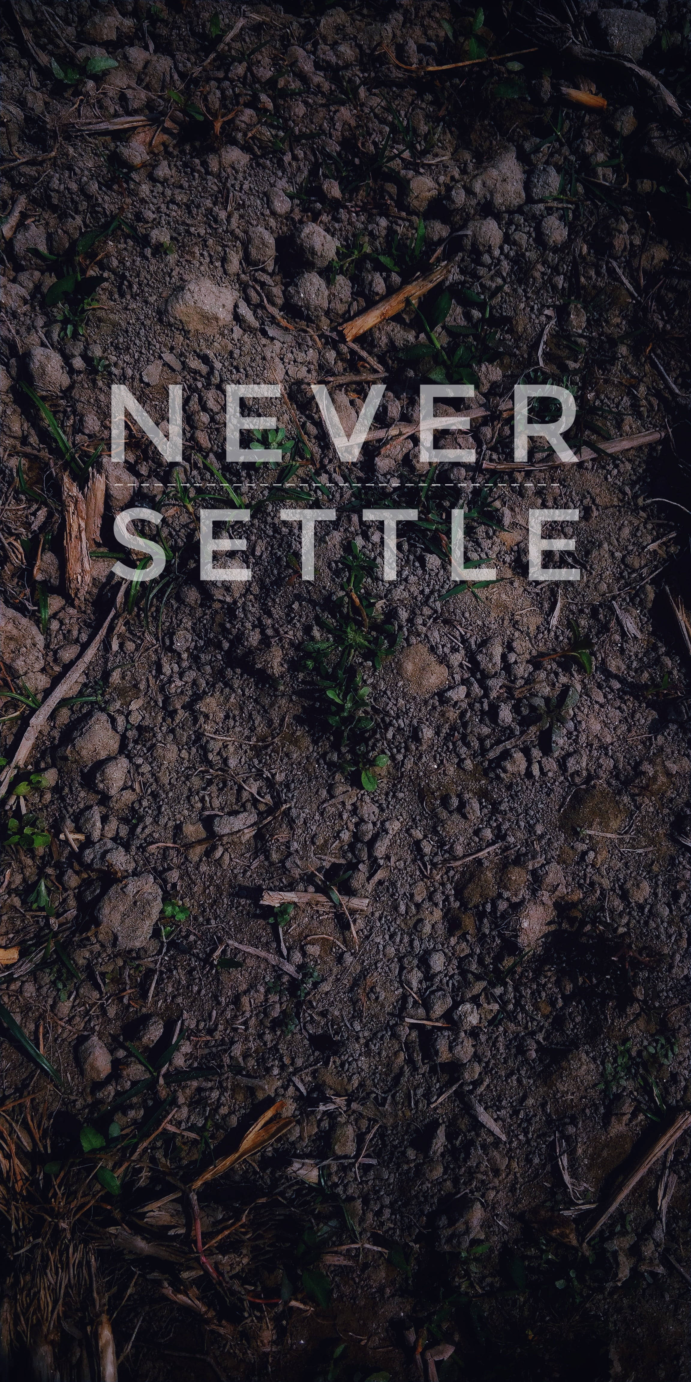 Never Settle, brown ground soil, dark textured soil, 4K Phone Wallpaper