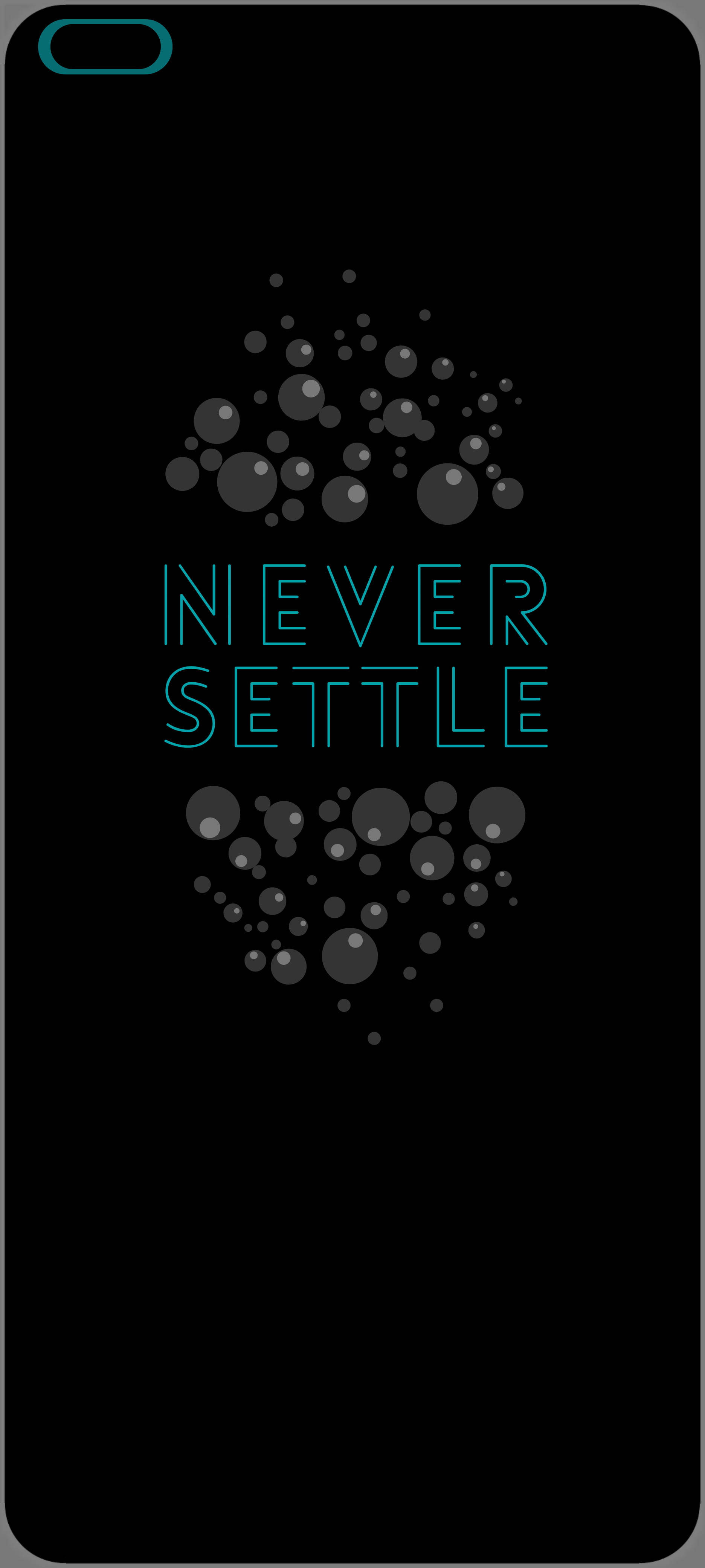 Never Settle, black background, glowing teal text, 4K Phone Wallpaper
