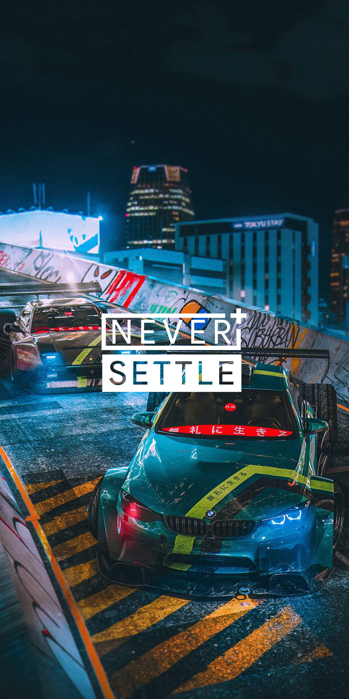 Never Settle, teal race car, neon accents, 2K Phone Wallpaper
