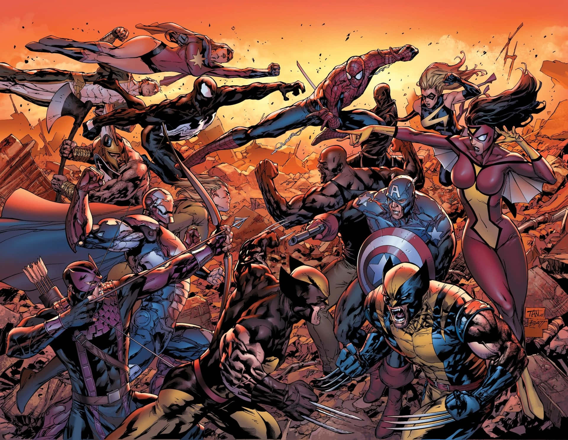 New Avengers, fiery orange sky, shattered cityscape, Full HD Desktop Wallpaper