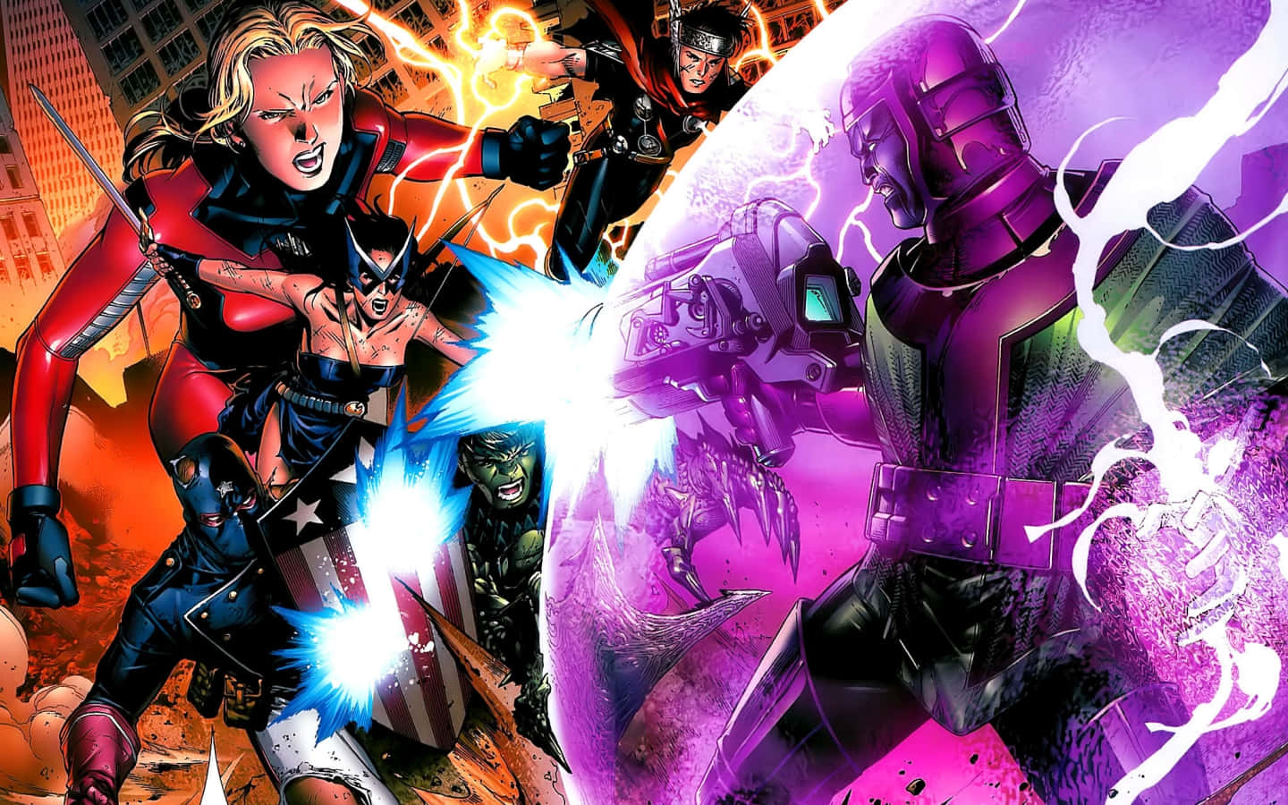 New Avengers, purple armored villain, explosive energy effects, HD Desktop Wallpaper