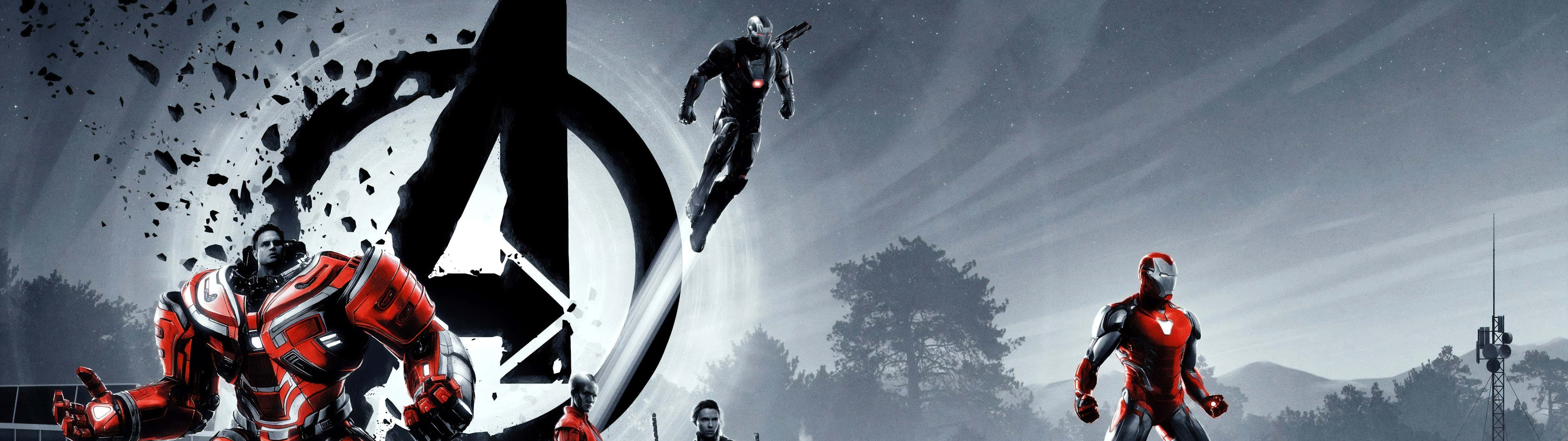Avengers, red and black suits, shattered A symbol, 5K Desktop Wallpaper