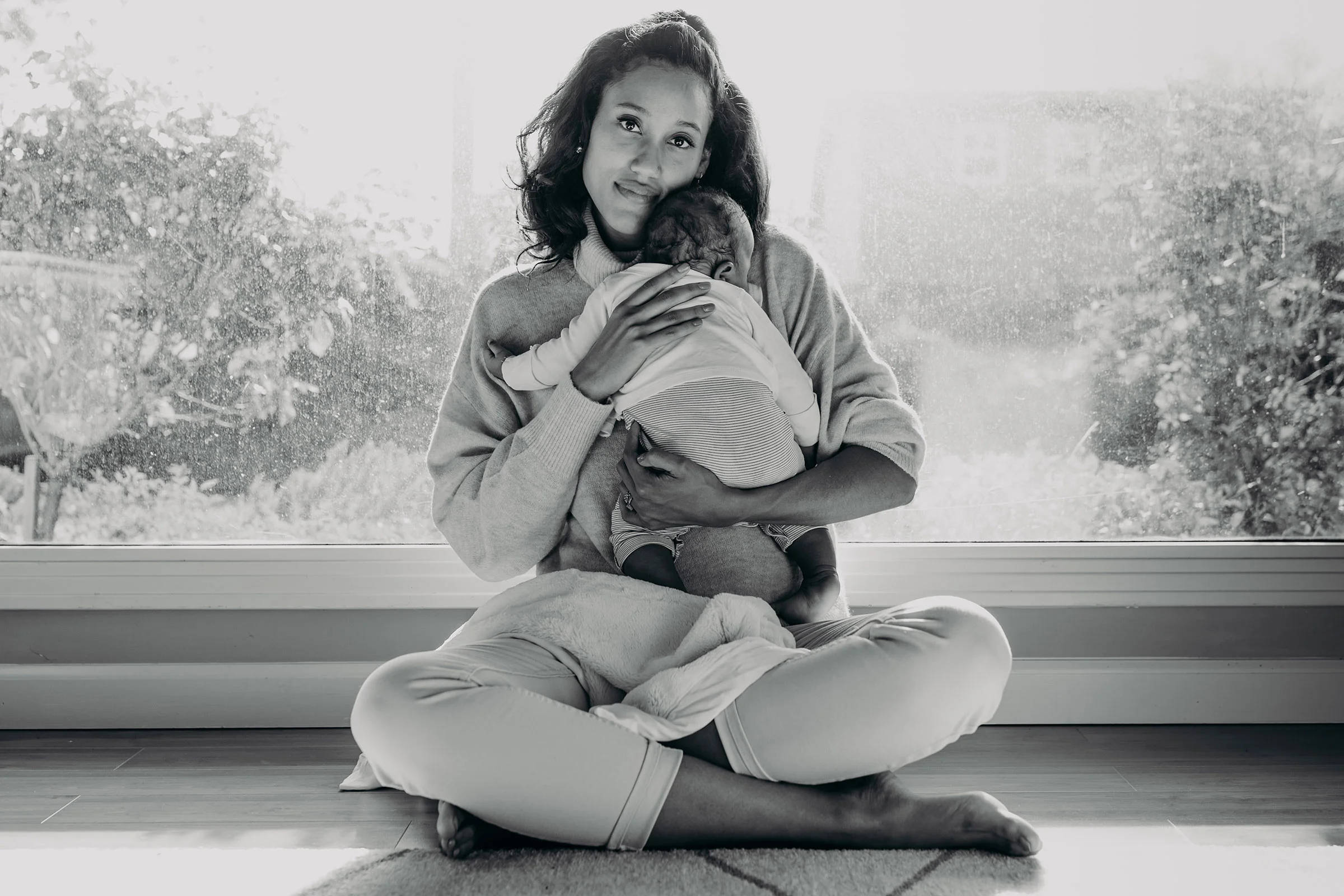 mother, newborn baby, rain-streaked window, Full HD Desktop Wallpaper