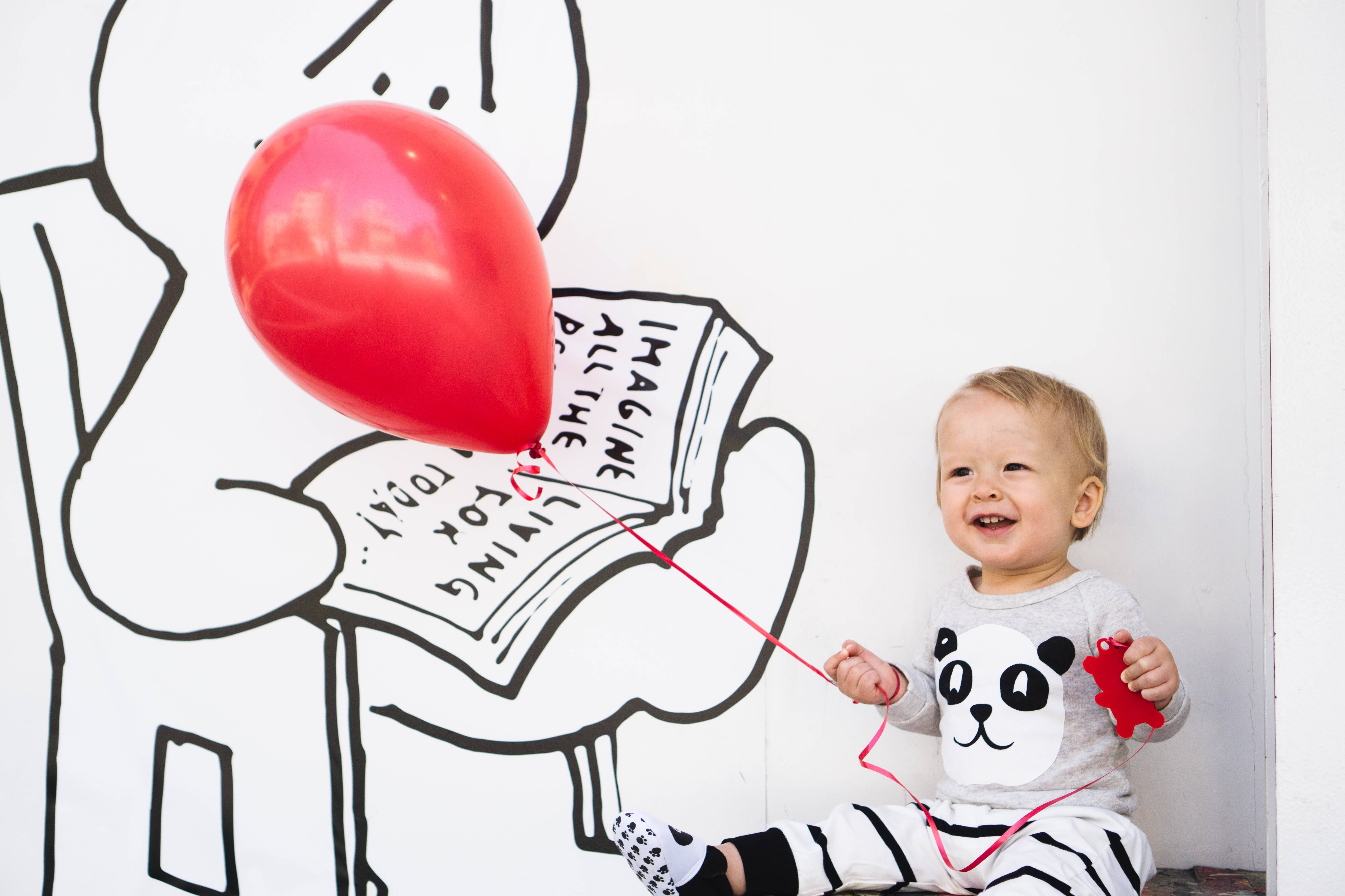 panda pajamas, red balloon, giant illustrated book mural, 5K Desktop Wallpaper
